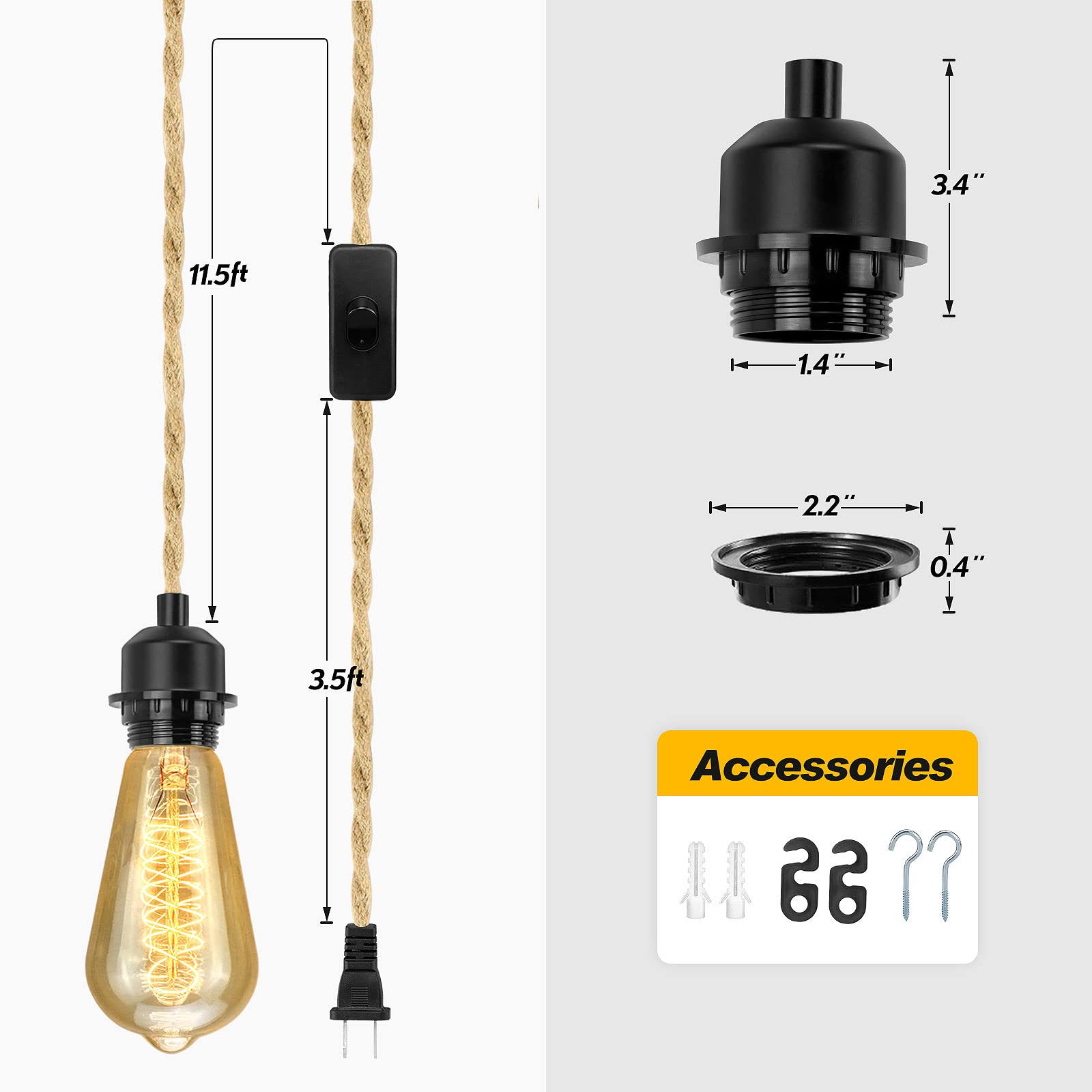Lyoowng 15Ft Hemp Rope Plug-In Pendant Light With On/Off Switch, E26 E27 Socket, Yellow