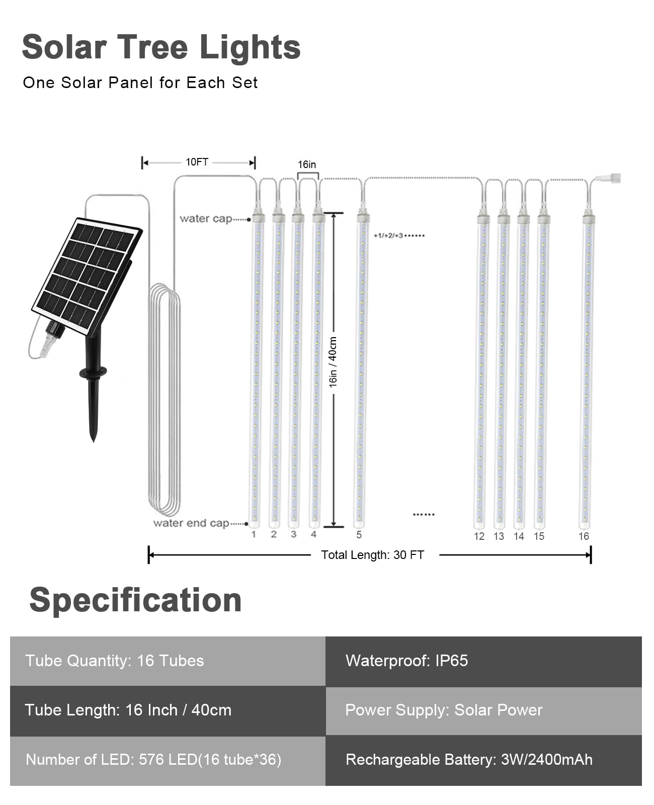 Meteor Shower Lights Outdoor Solar Meteor Light Falling Rain Lights 16 Tubes 16 Inch 576Led Cascading Snowfall Christmas Light For Holiday Wedding New Year Party Yard House Roof Tree Mall Decoration