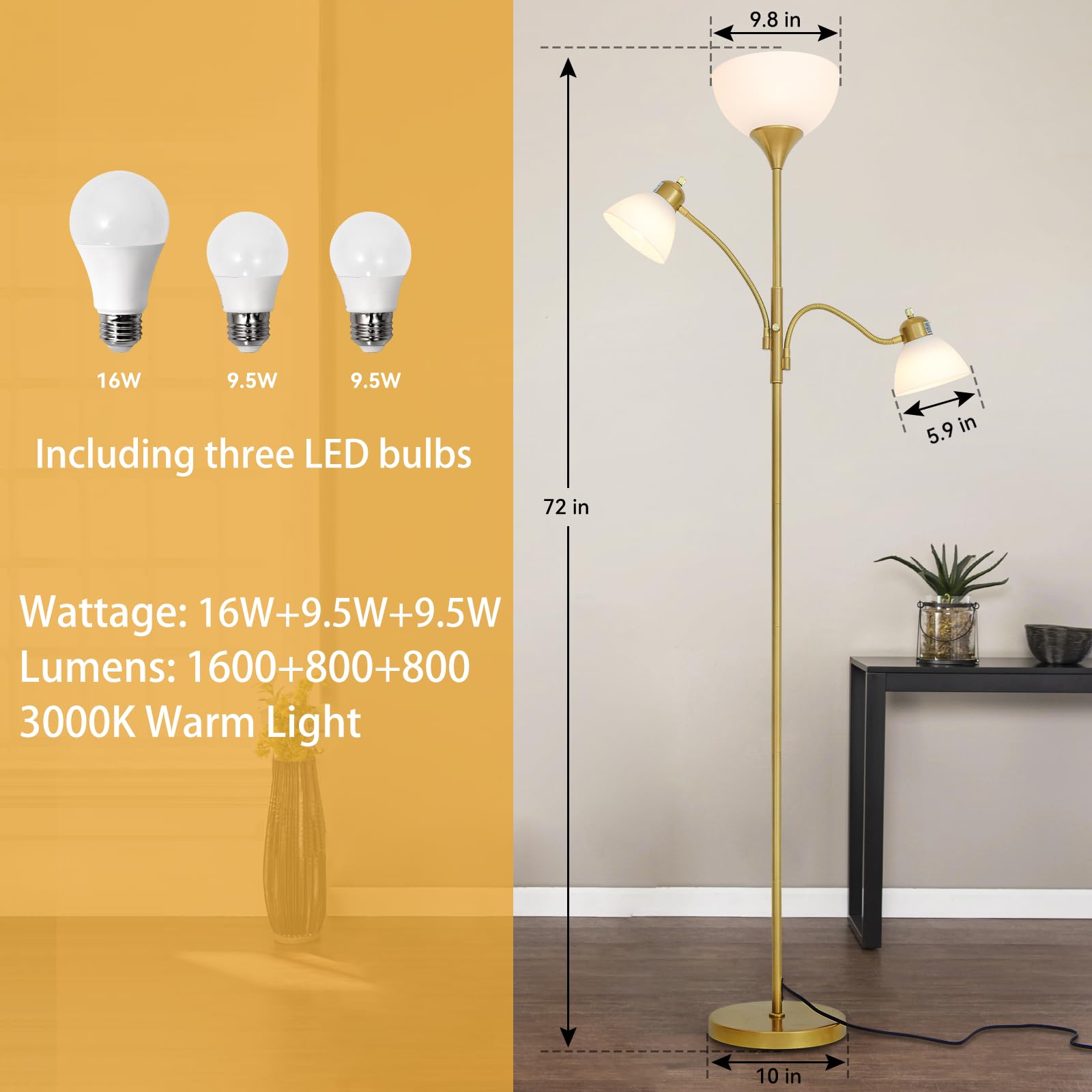 RISLG Floor Lamp - Adjustable Stepless Dimming, 3 Lights, Modern Gold Design for Living Room, Bedroom, Office, Model RS-US 6211