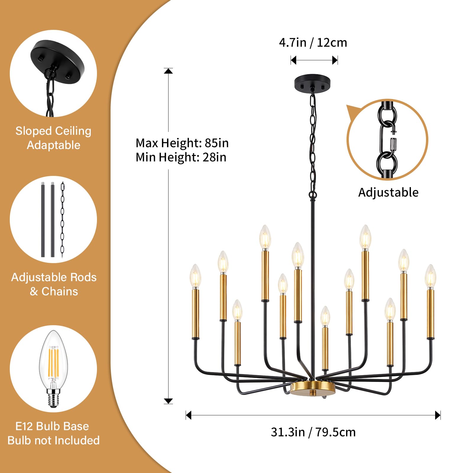 Zuyurt 12-Light Black And Gold Chandelier, Modern Farmhouse Chandelier For Dining Room Hanging Lighting Fixture, Metal Candle Chandelier With Chain For Living Room, Kitchen, Entryway, Foyer, Stairs