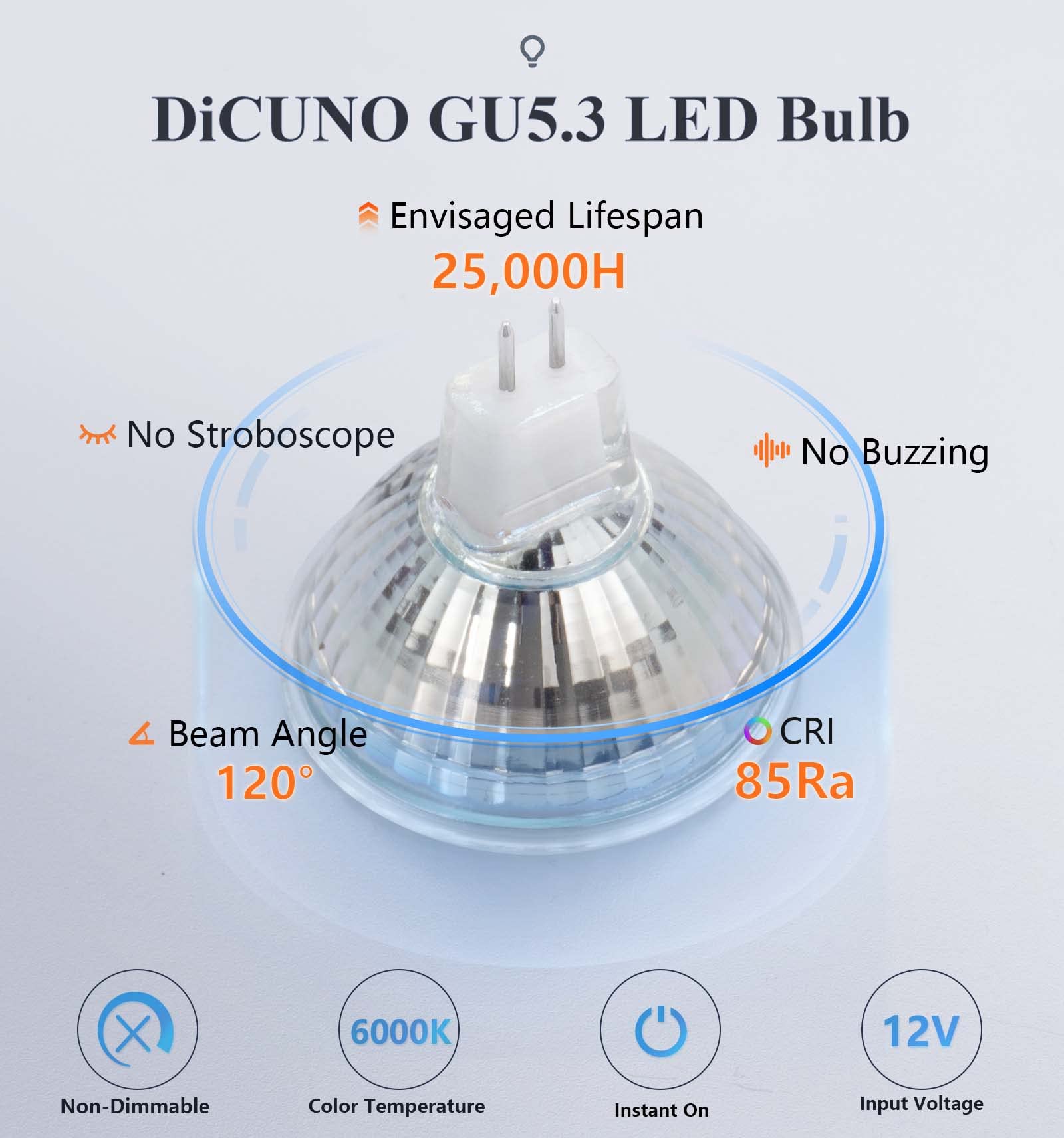 DiCUNO GU5.3 LED Bulb, 12V MR16 Spotlight, 500LM, Daylight White 6000K, 5W, 6 Pack