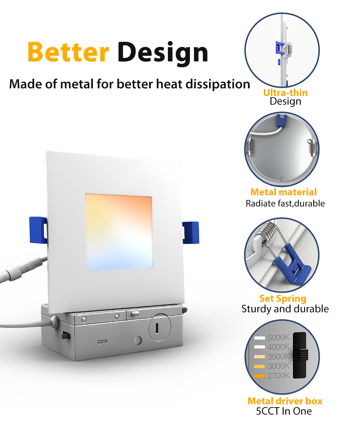 Adetu 12 Pack 4 Inch Square Led Recessed Lighting  5Cct Ultra Thin Square Led Ceiling Light With Junction Box  10W 860Lm  Cri90  2700K-5000K Selectable  Dimmable Canless Downlight  Etl And Energy Star