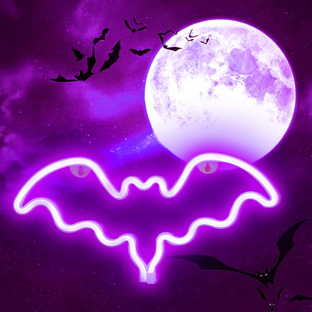 Vicila LED Neon Bat Sign, Purple Gothic Desk Lamp, Battery Operated, 39.4in x 7.1in, Halloween Decor