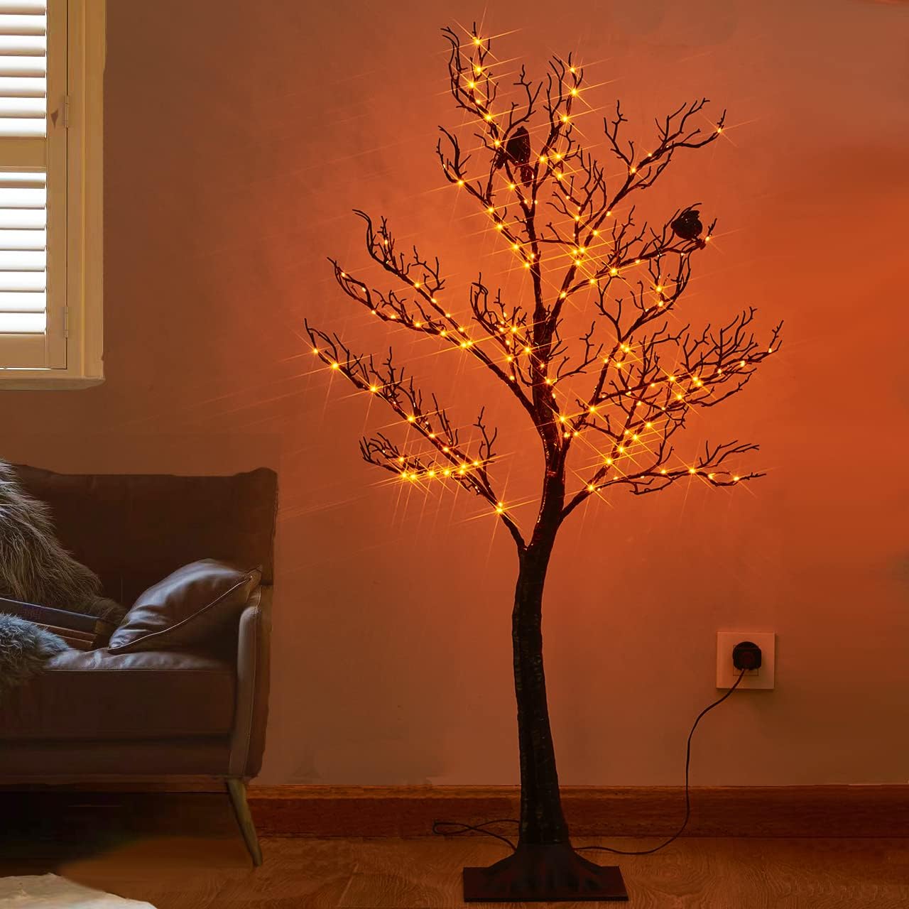 Birchlitland 4ft Halloween Tree with 150 Orange Fairy Lights - Glittered Black Decoration for Indoor/Outdoor Halloween Party