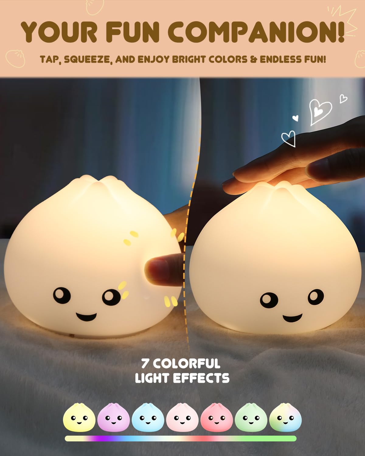 loatme Night Light for Kids, Rechargeable Silicone LED Lamp, Dimmable, 7 Colors, Model P007, BaoZi Color