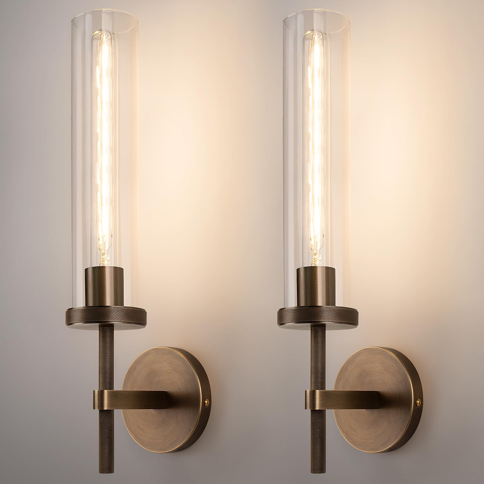 19.5 Knurled Brass Wall Sconces Set of 2, Bronze Bathroom Vanity Light Fixtures with Clear Glass Tube, Modern Lamp Lighting for 