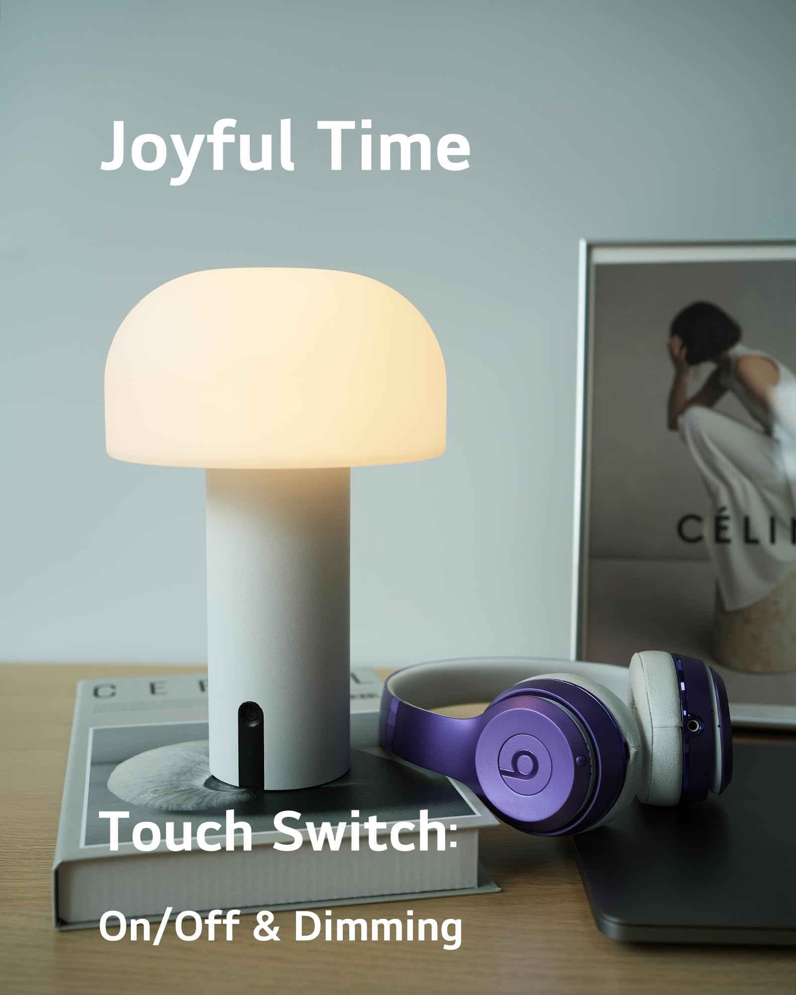 Ilovinit Waterproof Rechargeable Outdoor Mushroom Table Lamp, Cordless Usb Touch Dimming Light - White