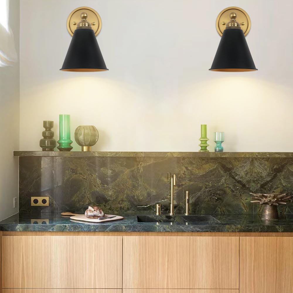 Heqiqeh Set Of 2 Modern Battery Operated Wall Sconces, Vintage Black And Gold Wall Lights Fixture With Remote Control, Dimmable