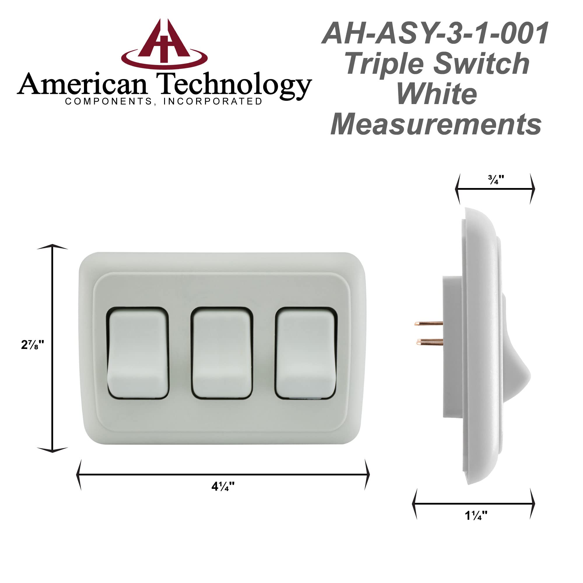 American Technology Components Triple SPST On-Off Switch with Bezel, 12-Volt, for RV, Trailer, Camper (White)