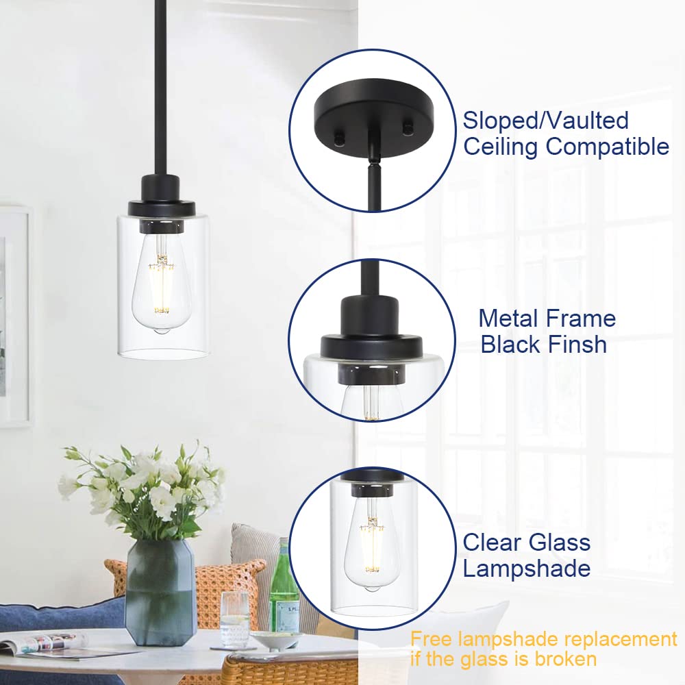 TODOLUZ Black Industrial Pendant Light Fixture, 1-Light Metal with Clear Glass Cylinder Shade for Kitchen and Dining Room