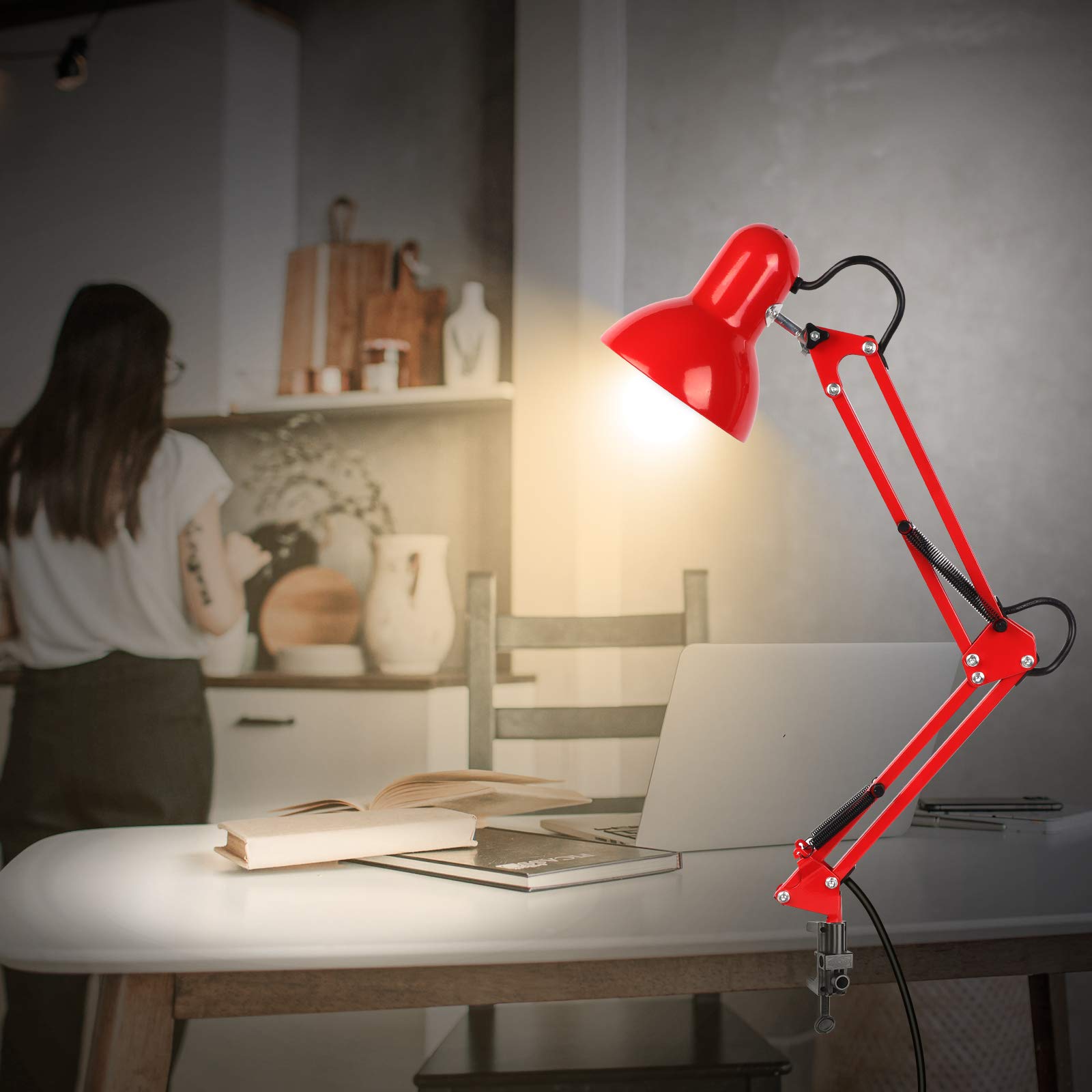 AmeriTop Adjustable Metal Desk Lamp - Goose Neck Swing Arm, Eye-Caring with Interchangeable Base or Clamp, Red