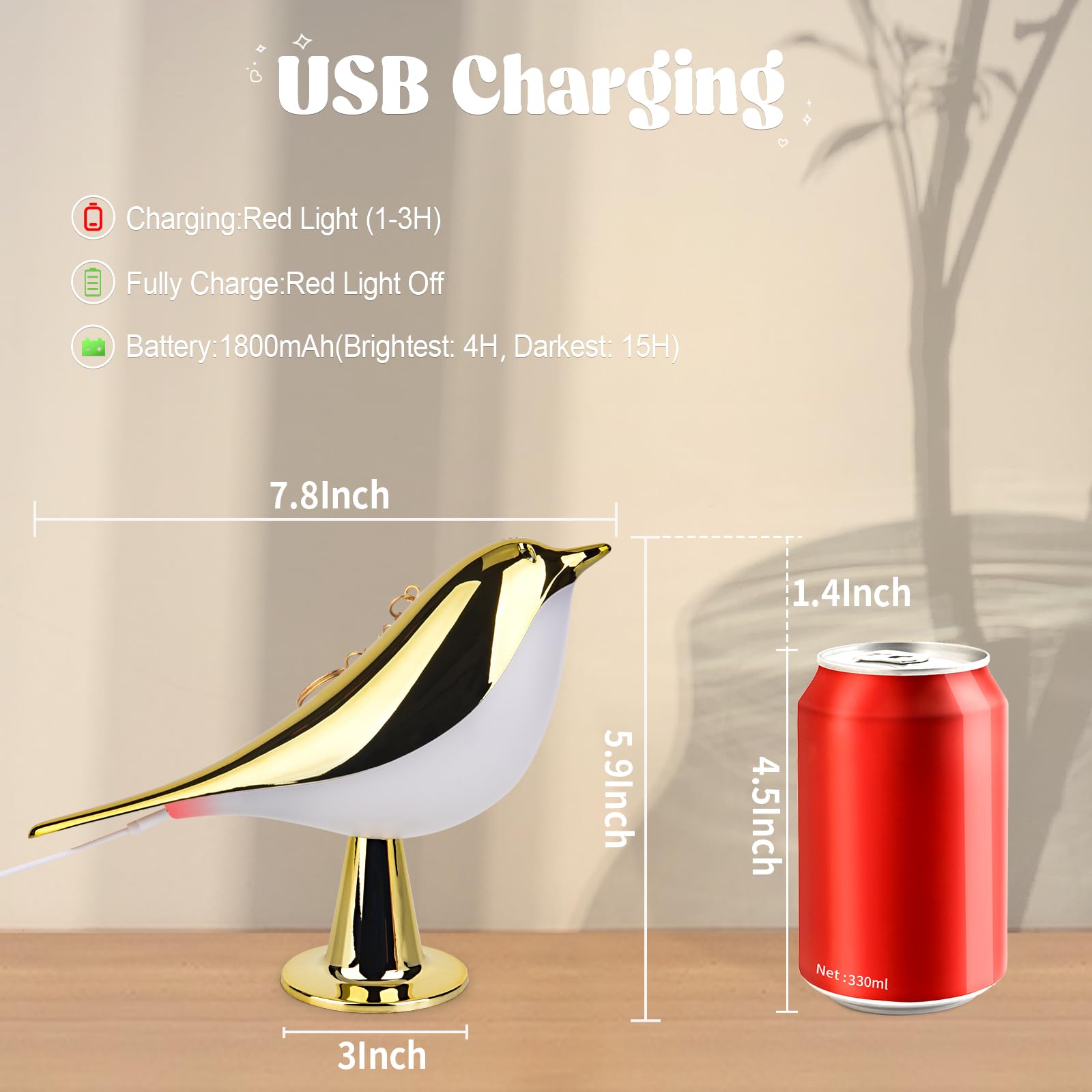 Yotozu Small Bird Touch Lamp, Dimmable And Cordless Bird Night Light, Usb Rechargeable Touch Sensor Control Table And Desk Lamp With Aroma Diffuser Function For Bedroom (Gold)