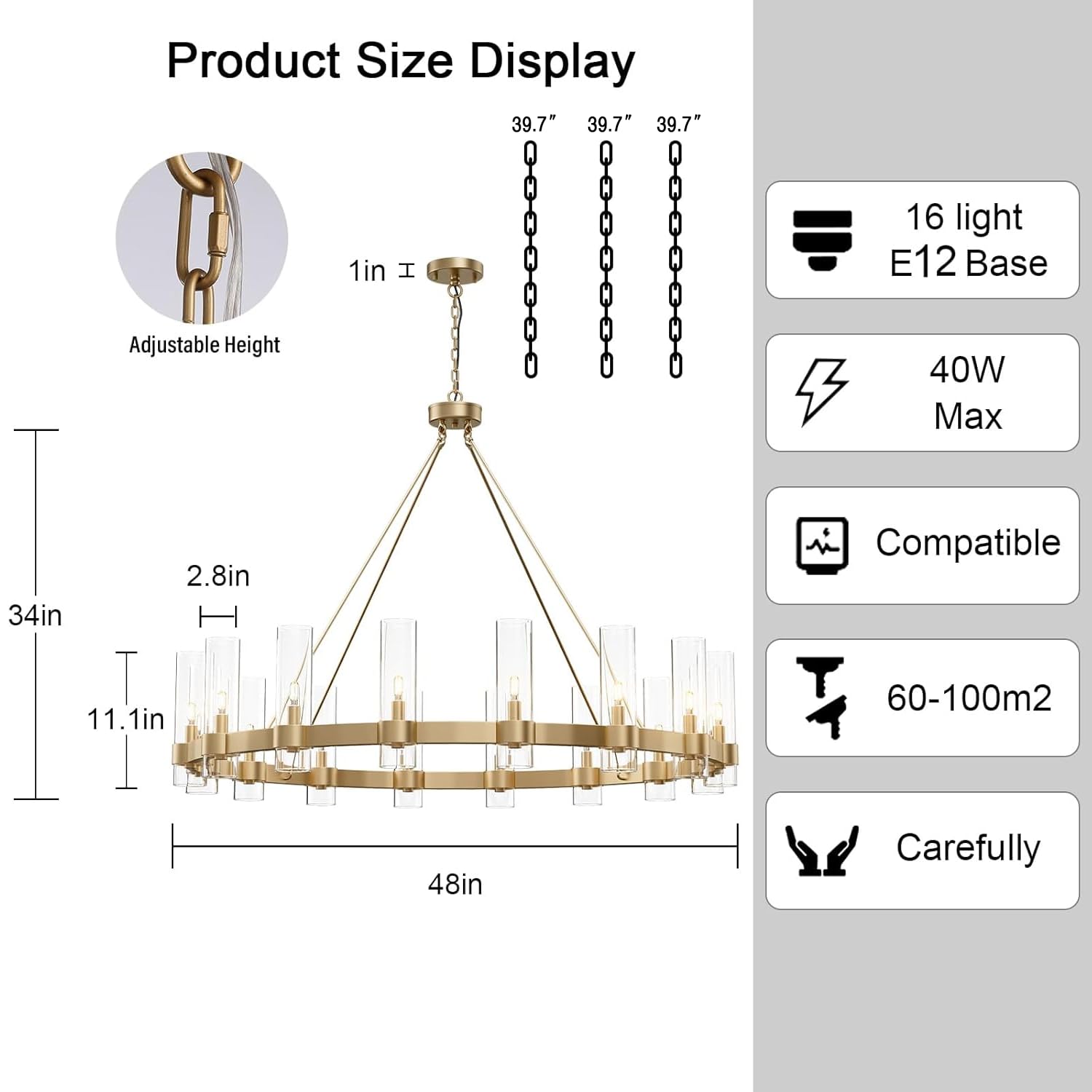 Yiosi 16-Lights Gold Chandelier,Wagon Wheel Chandelier With Glass Shade,48 Inch Large Round Industrial High Ceilings Pendant Lig