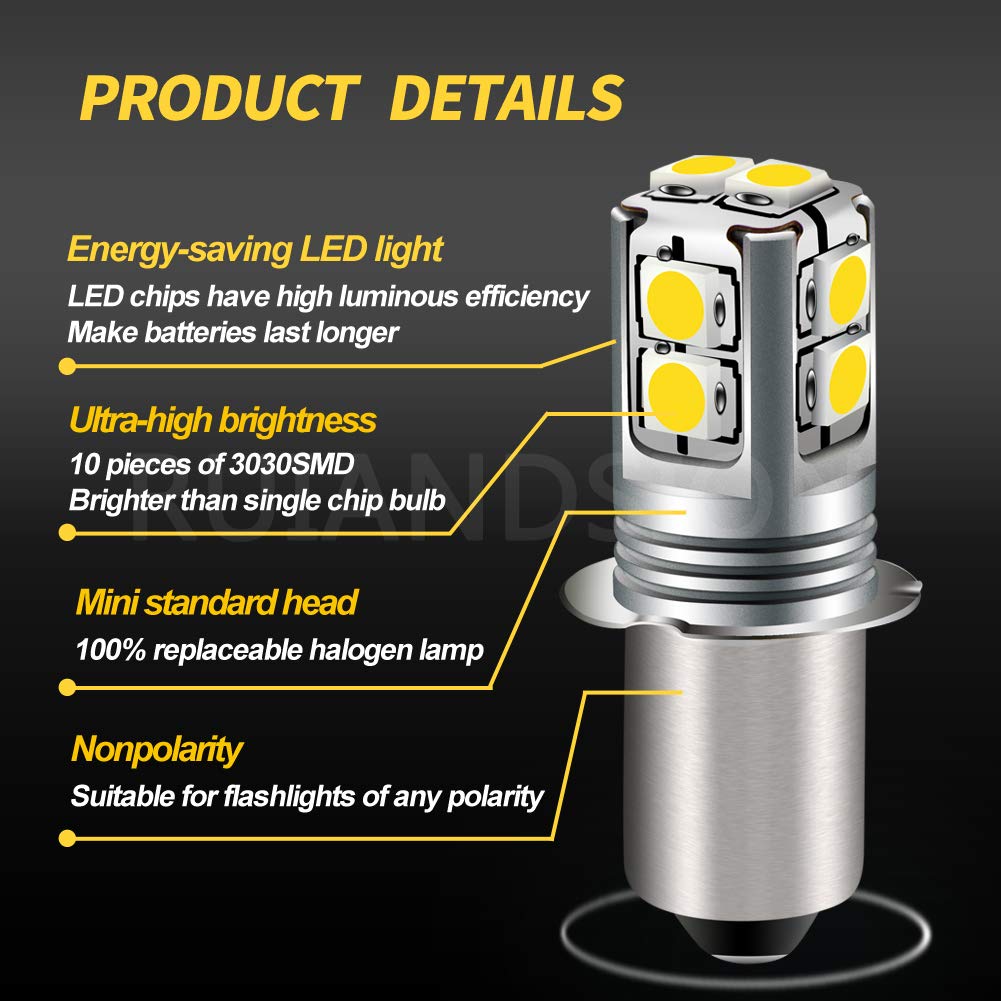 Ruiandsion LED Flashlight Bulb P13.5S Base, 6-40 Volt White Replacement for Lanterns & Work Lights, 1 Count
