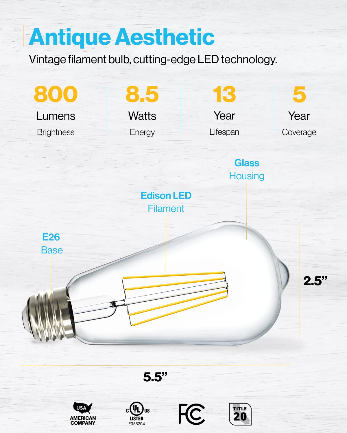 Sunco 16 Pack 60W Vintage Led Edison Bulbs Equivalent 8.5W Cri92 800 Lumens, Dimmable St64 Filament 6000K Daylight Deluxe E26 Me