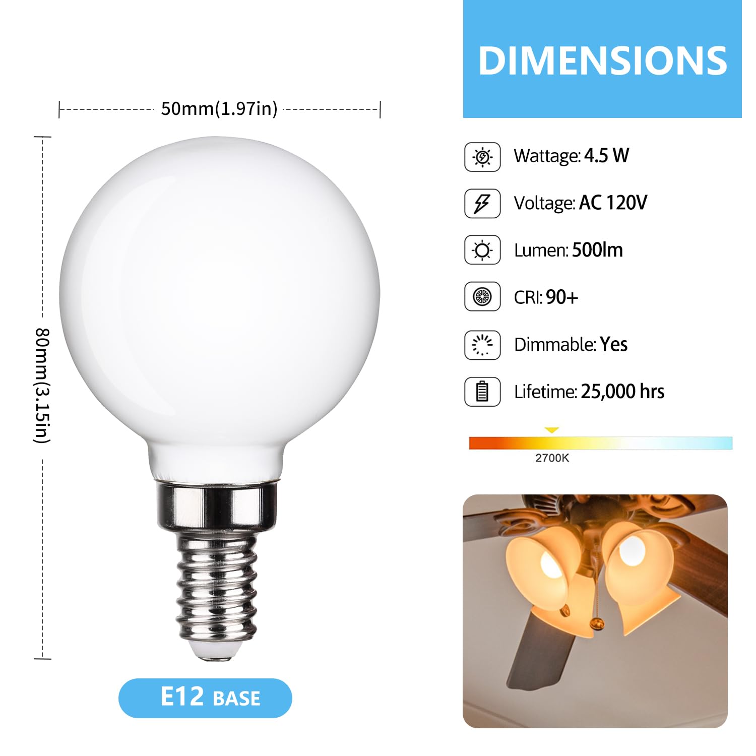 6 Pack G16.5 Led Ceiling Fan Light Bulbs, Dimmable Led Candelabra Bulb 4.5W Equivalent To 60W 500Lm, E12 Chandelier Led Globe Bu