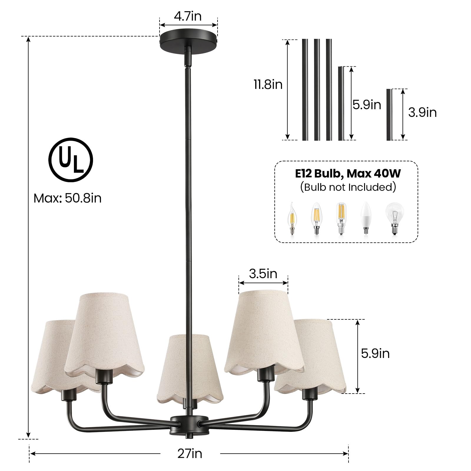 Kaisite Black Chandelier For Dining Room - 5-Light Farmhouse Dining Room Light Fixture Over Table Industrial Kitchen Lighting Fixture Ceiling Hanging Chandelier For Bedroom Living Room Foyer Entryway