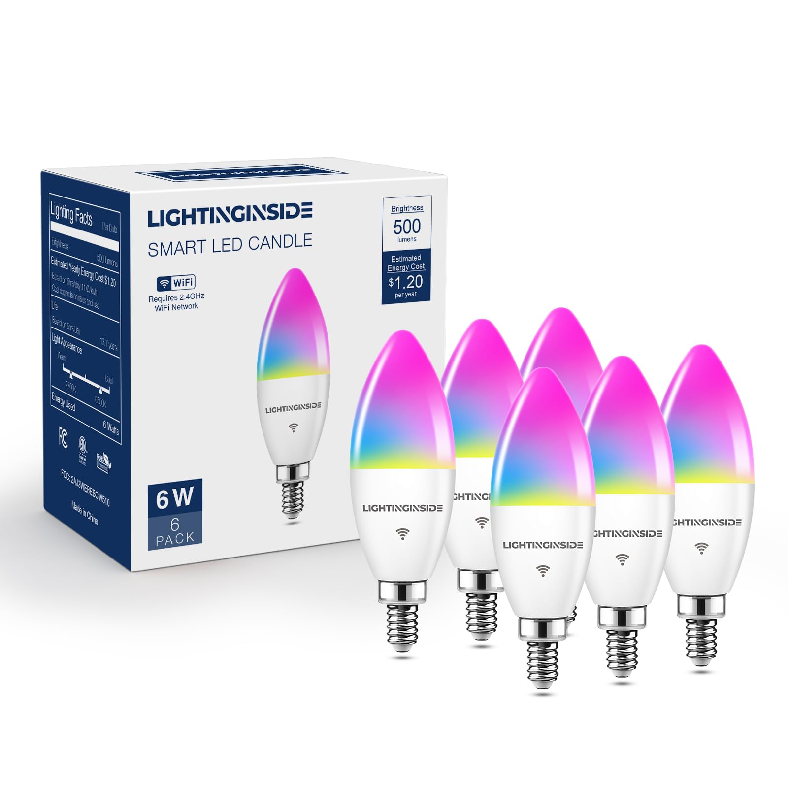 Lightinginside E12 Smart Light Bulbs 60W Equiv., Work with Alexa/Google Home/Smart Life, 500LM 6W RGBCW Candle Candelabra LED Li