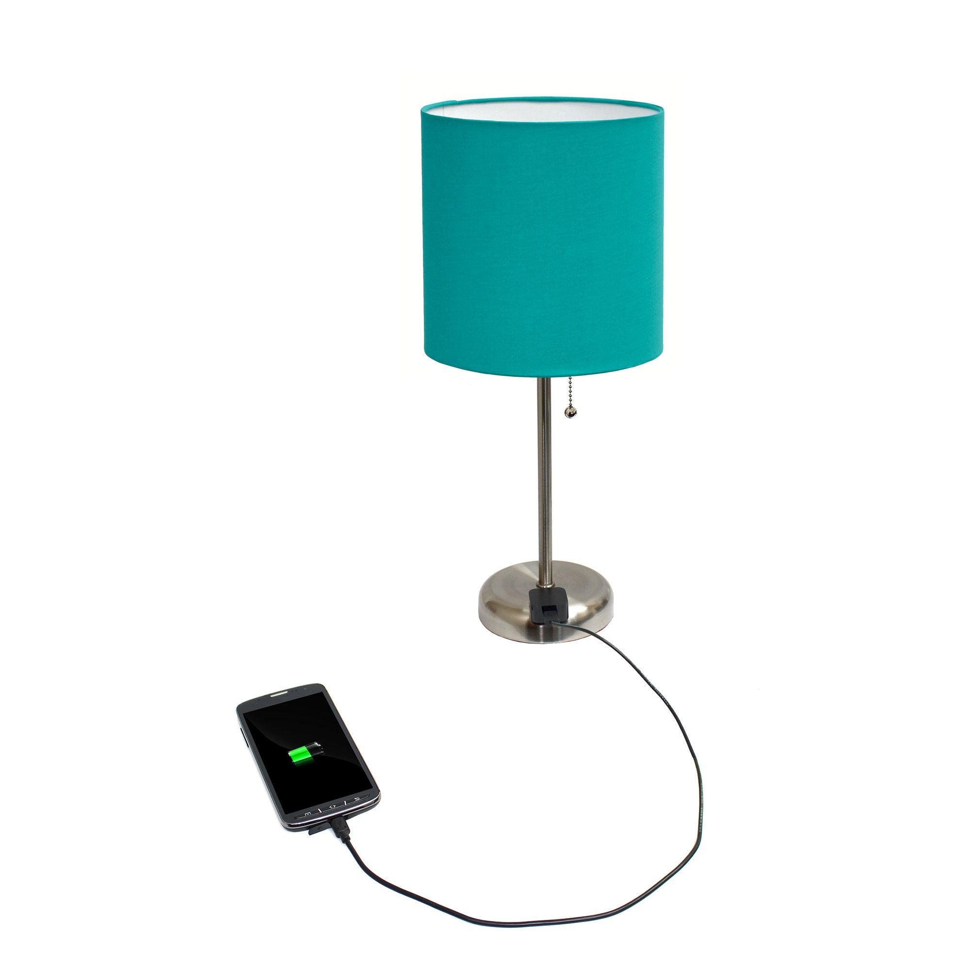 Simple Designs Lt2024-Tel Brushed Steel Stick Table Desk Lamp With Charging Outlet And Drum Fabric Shade, Teal
