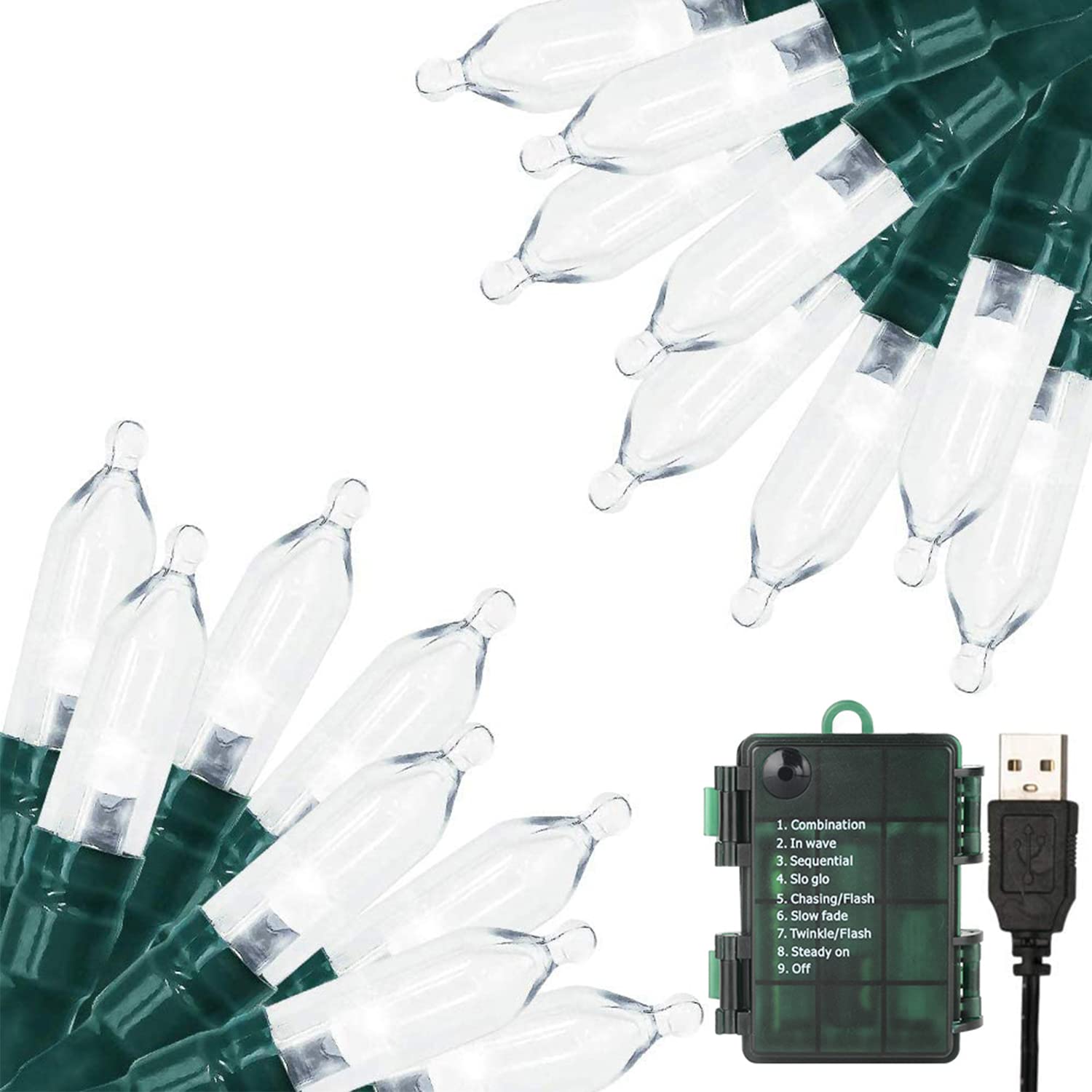 Green Convenience Christmas Lights 33ft 100 LED Battery String Lights with Timer Memory Function USB or Battery Powered Waterpro