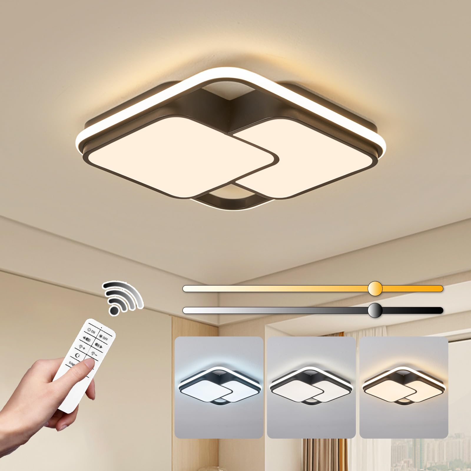 ORANOOR Modern LED Ceiling Light Fixture, 15.7in Dimmable Black Flush Mount LED Ceiling Light with Remote, Upgraded Square Bedro
