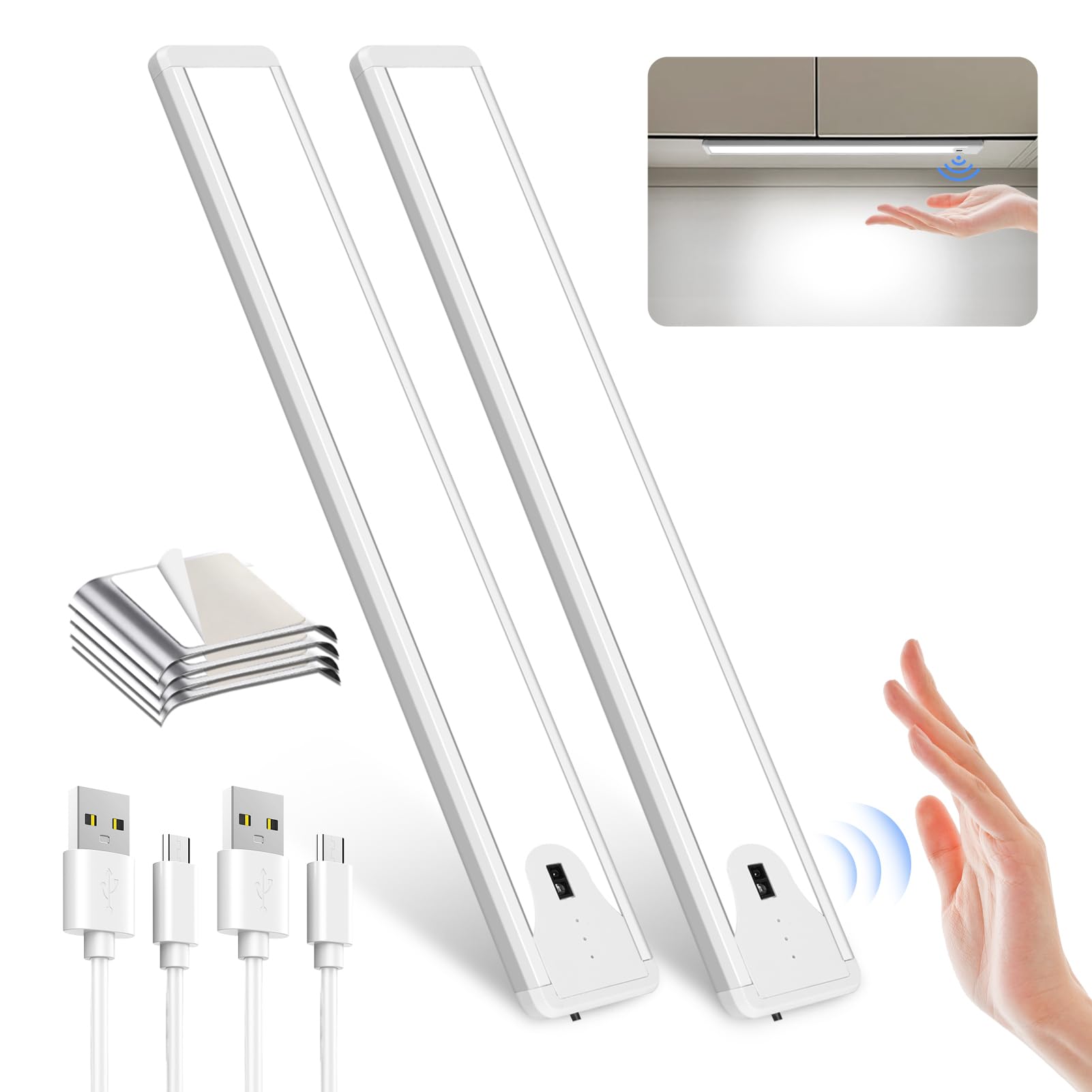 Pak 16 Inch Under Cabinet Light, Hand Wave Sensor 83 LED Indoor Cabinet Lighting, USB Rechargeable Wireless Closet Light, Steple