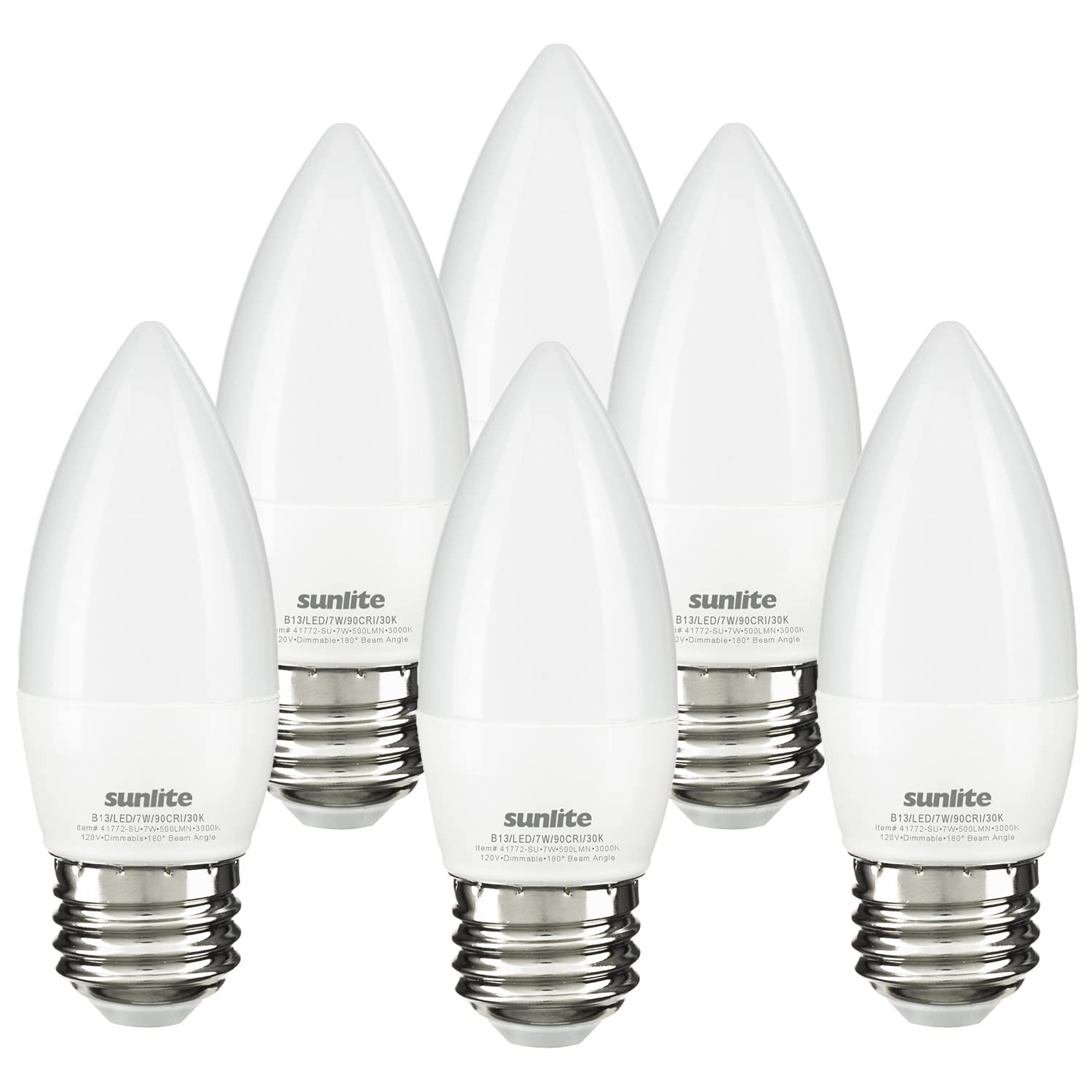 Sunlite Led B13 Torpedo Decorative Chandelier Light Bulb, 7 Watts (60W=), 500 Lmns, 120 Volts, Dimmable, E26 Base, 90 Cri, Etl L