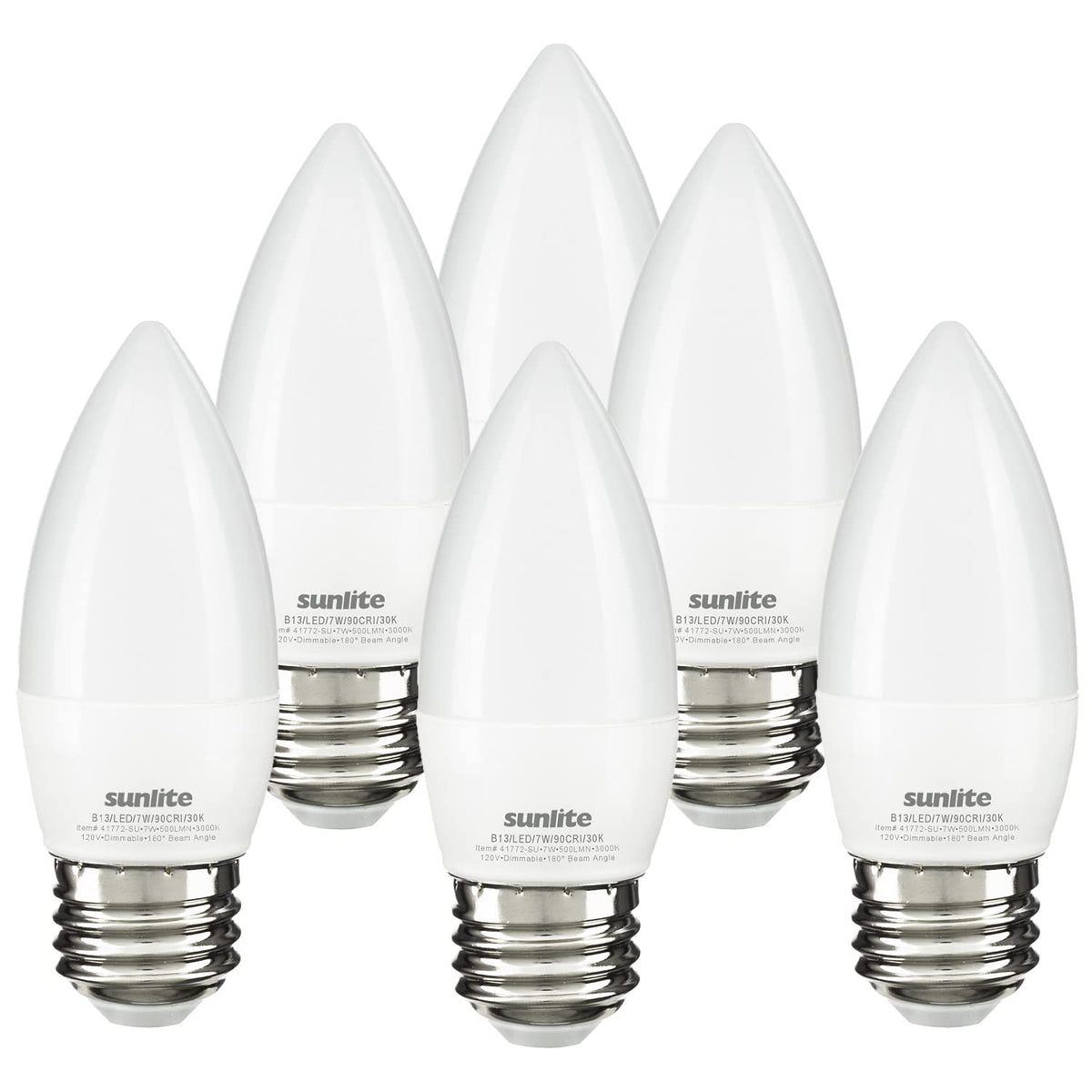 Sunlite Led B13 Torpedo Decorative Chandelier Light Bulb, 7 Watts (60W=), 500 Lmns, 120 Volts, Dimmable, E26 Base, 90 Cri, Etl L