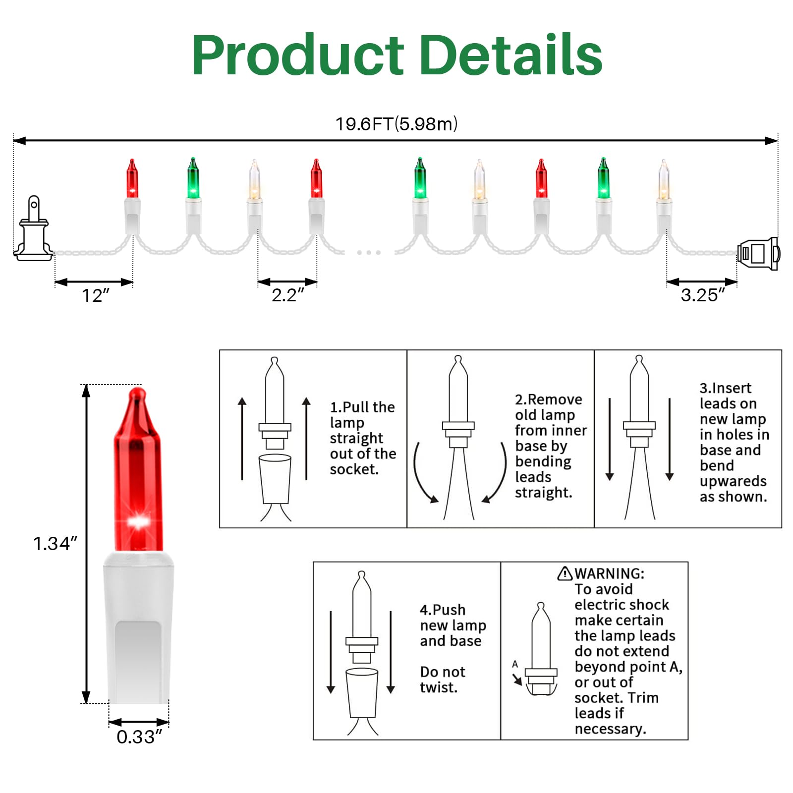 LAMPHOME Christmas Lights - 100 Mini Bulbs, 19.6ft, UL Certified, Red Green Clear, Extendable String Lights for Outdoor Decor