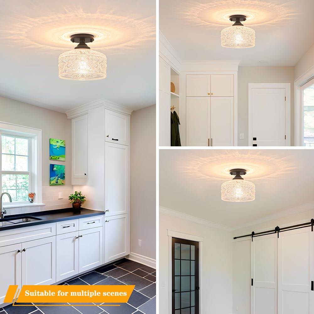 Small Semi Flush Mount Ceiling Light Fixture  Vintage Matte Black Close To Ceiling Lighting With Etched Glass Shade For Hallway  Kitchen  Entryway (Retro Design  Easy Install)