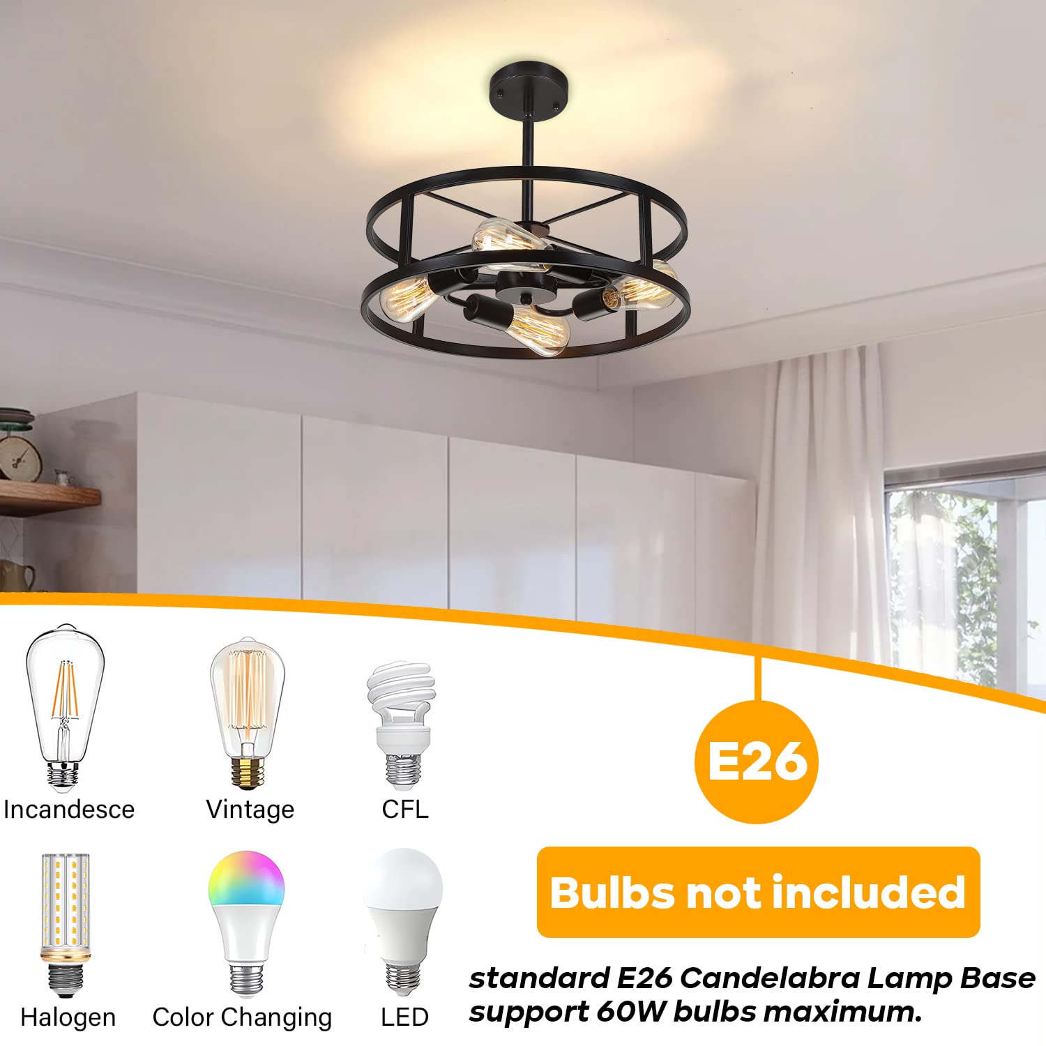 Heircido Black Semi Flush Mount Ceiling Light,Industrial Farmhouse Sloped Lights Fixture, Adjustable Height Metal Lighting For K