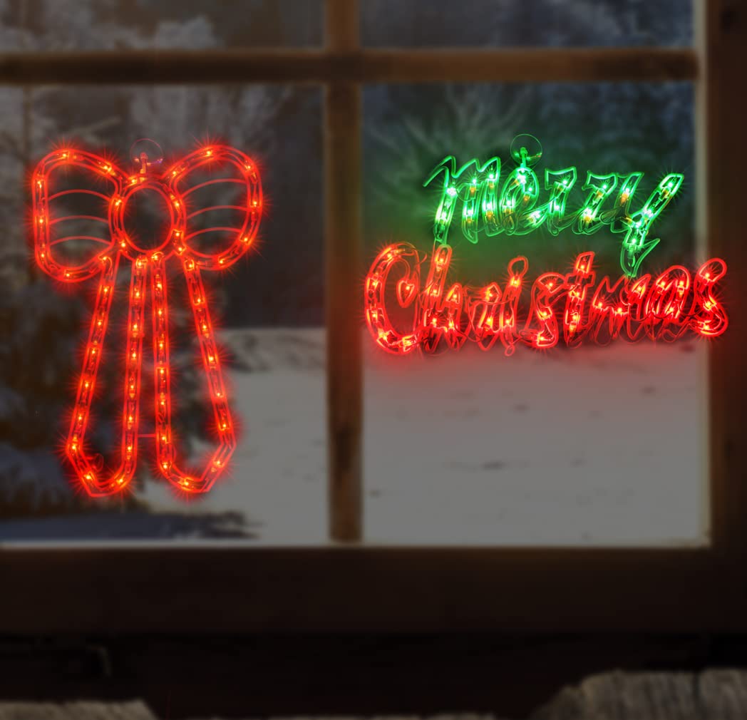 Justpro 2 Pack Christmas Window Silhouette Lights Decorations, Lighted Merry Christmas Sign And Bow Christmas Window Lights For Holiday Indoor Wall Door Glass Decorations