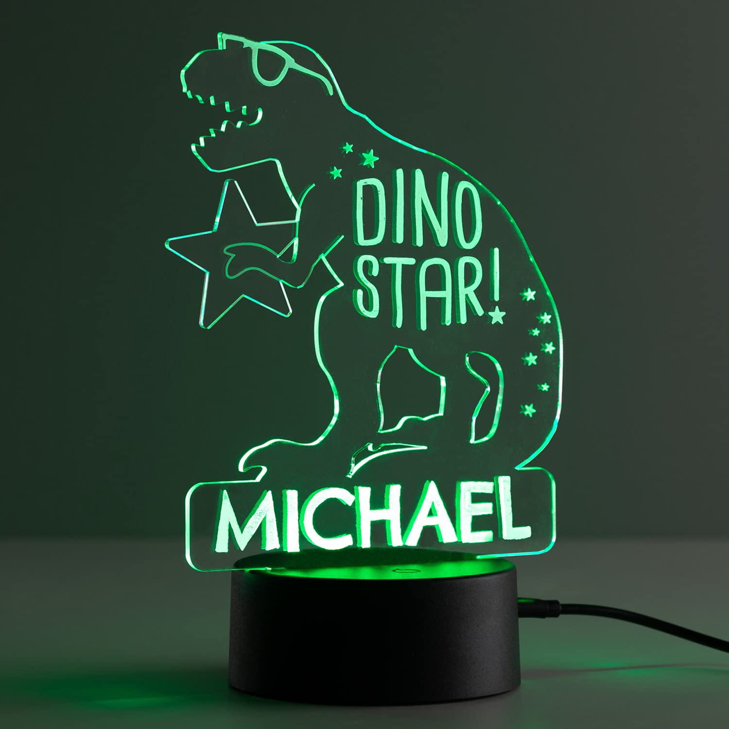 Personalized  t LED Night Light - Custom Name Engraved Acrylic, 7 RGB Colors, 5.5x8.5, DinoStar Dinosaur