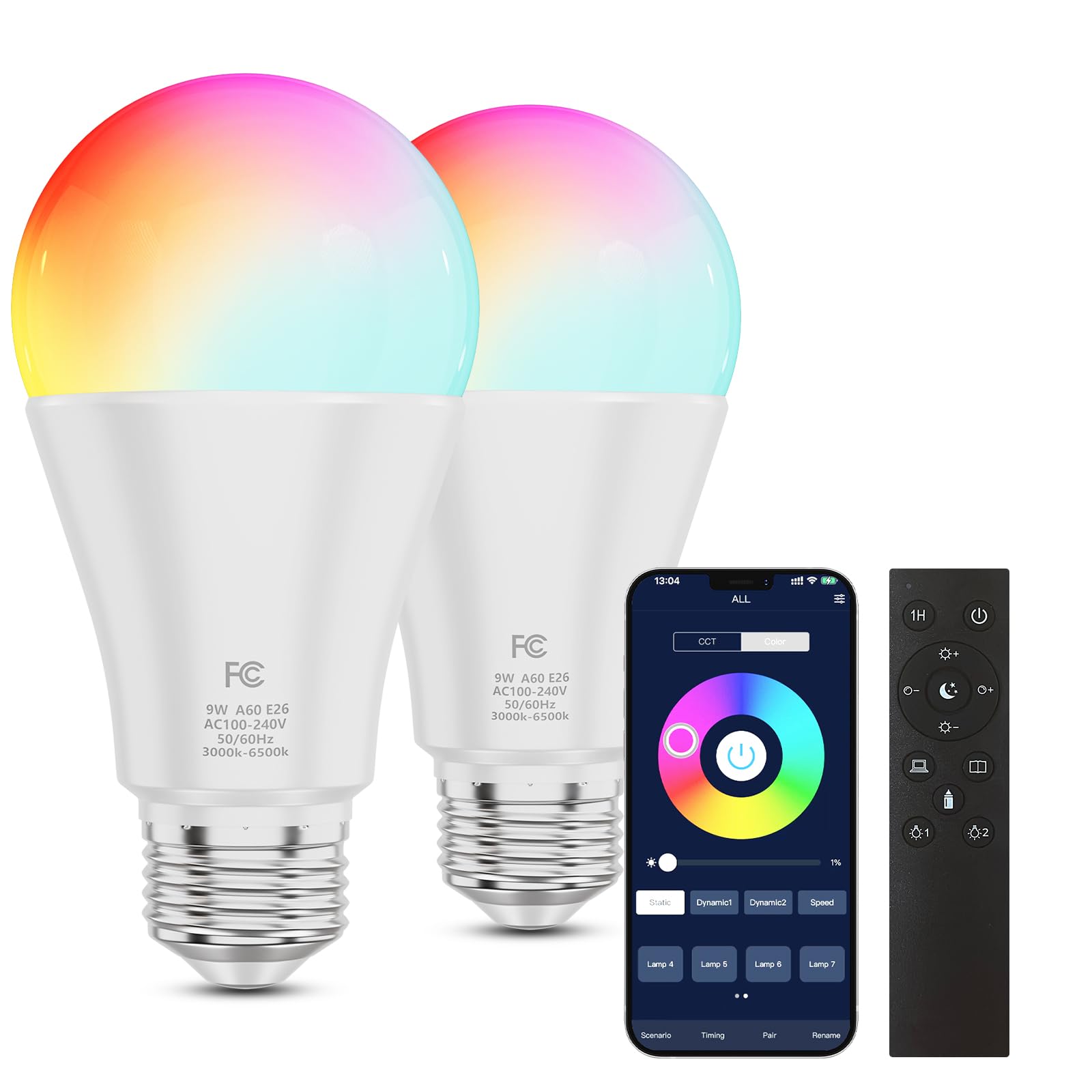 MXhme A19 Color Changing Light Bulb, Dimmable 9W (60W Equivalent), RGBWW, E26 Base, Remote Control, White, Model A6001
