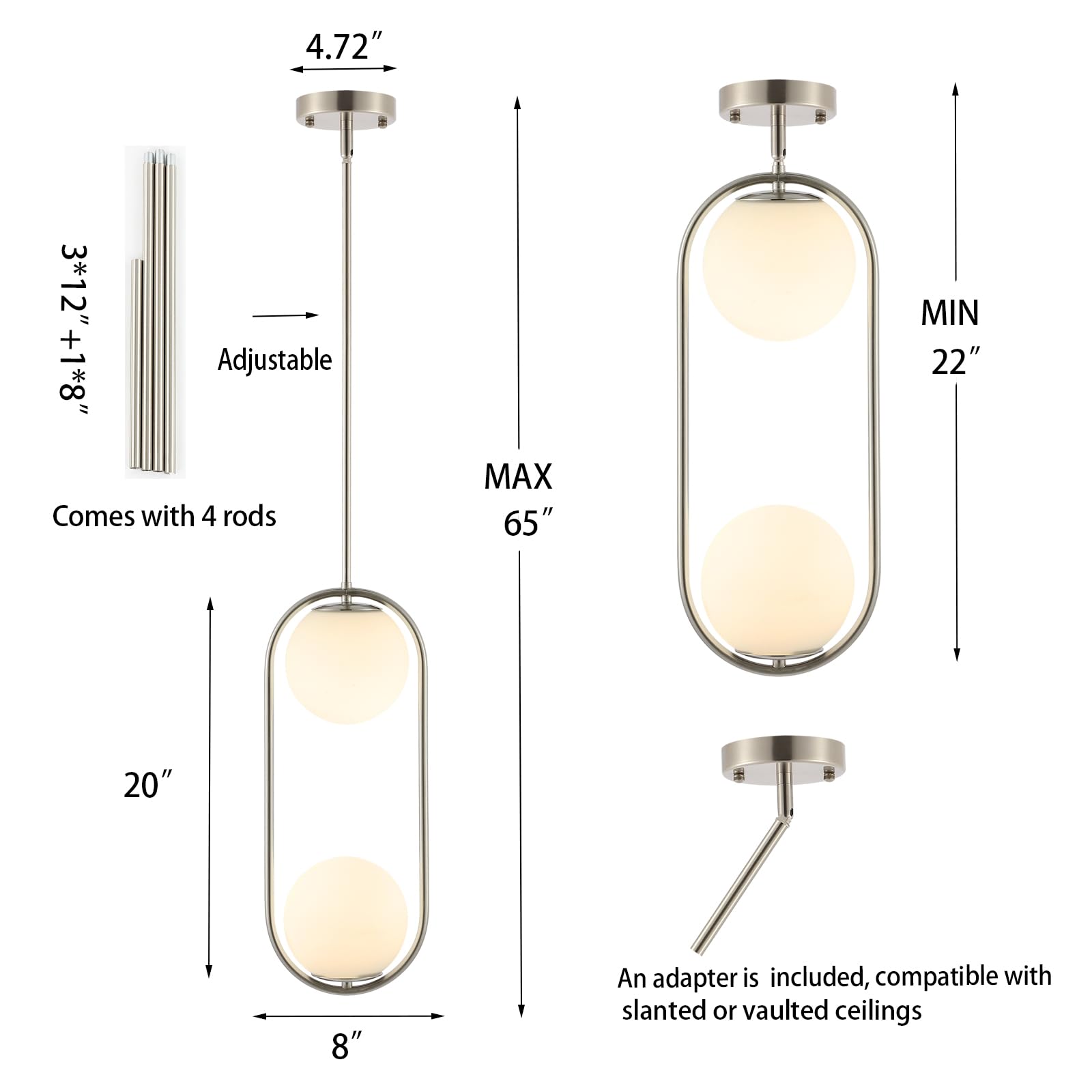 Byoliima Modern Globe Pendant Light 2-Lights Brushed Nickel Chandelier Mid Century Ceiling Hanging Lighting Fixture White Globe Glass Shades For Kitchen Island Dining Room Bedroom