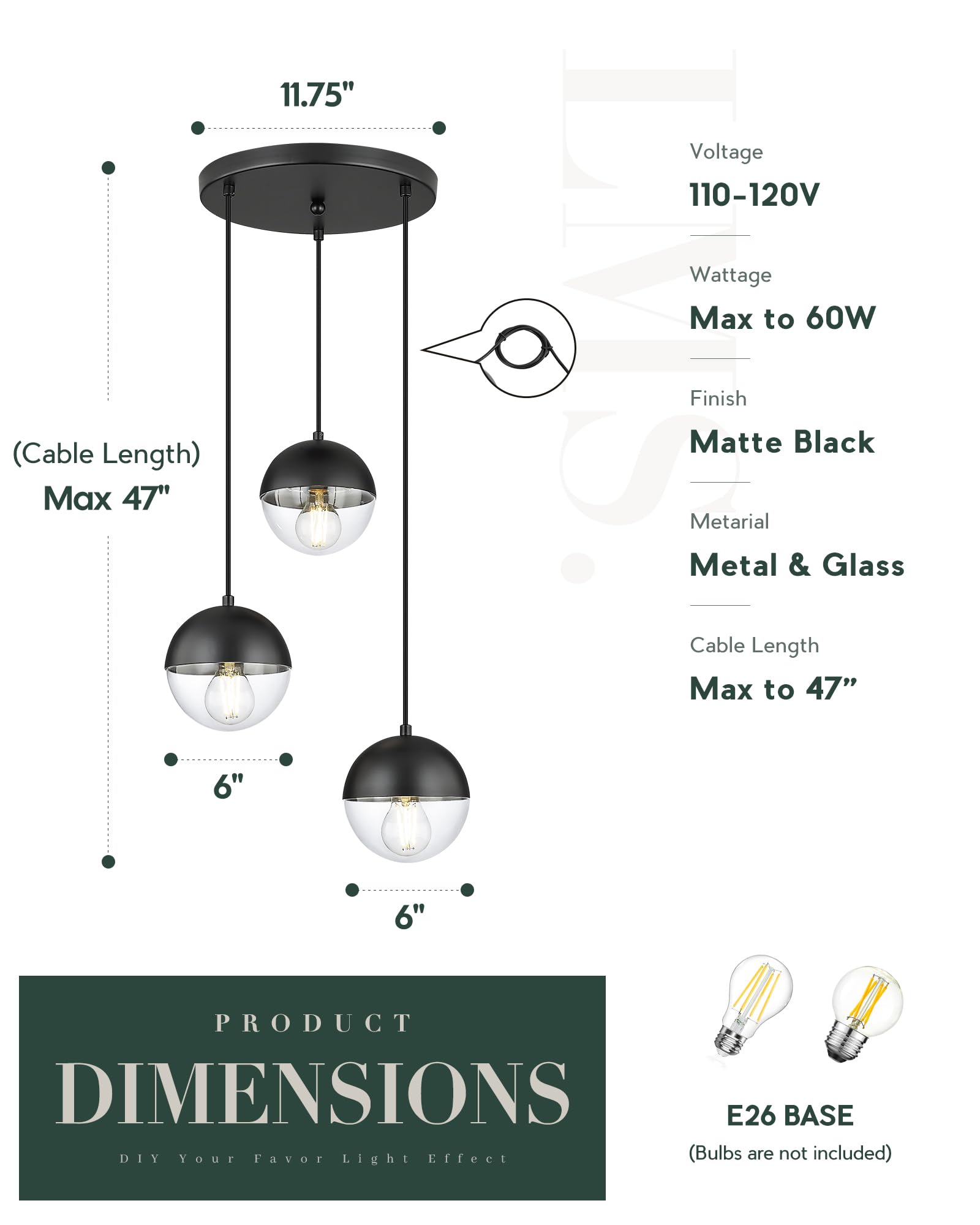 Lms Modern 3-Light Cluster Pendant Lights, Matte Black Kitchen Island Light Fixtures With Clear Globe Glass Shade, Adjustable Ha