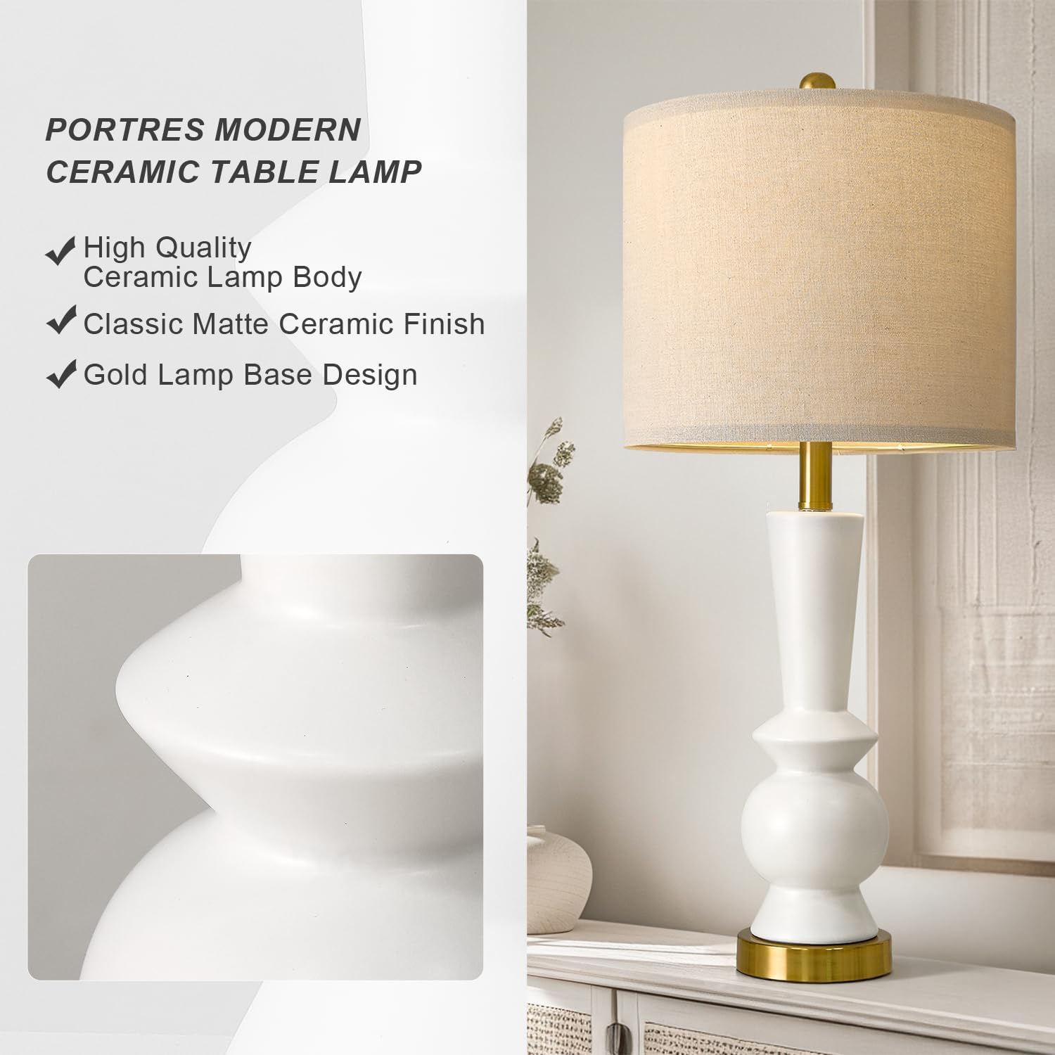 Portres 27'' Modern Ceramic Table Lamp Set Of 2 For Living Room White & Gold Bedside Lamps For Bedroom Nightstand Lamp Tall End