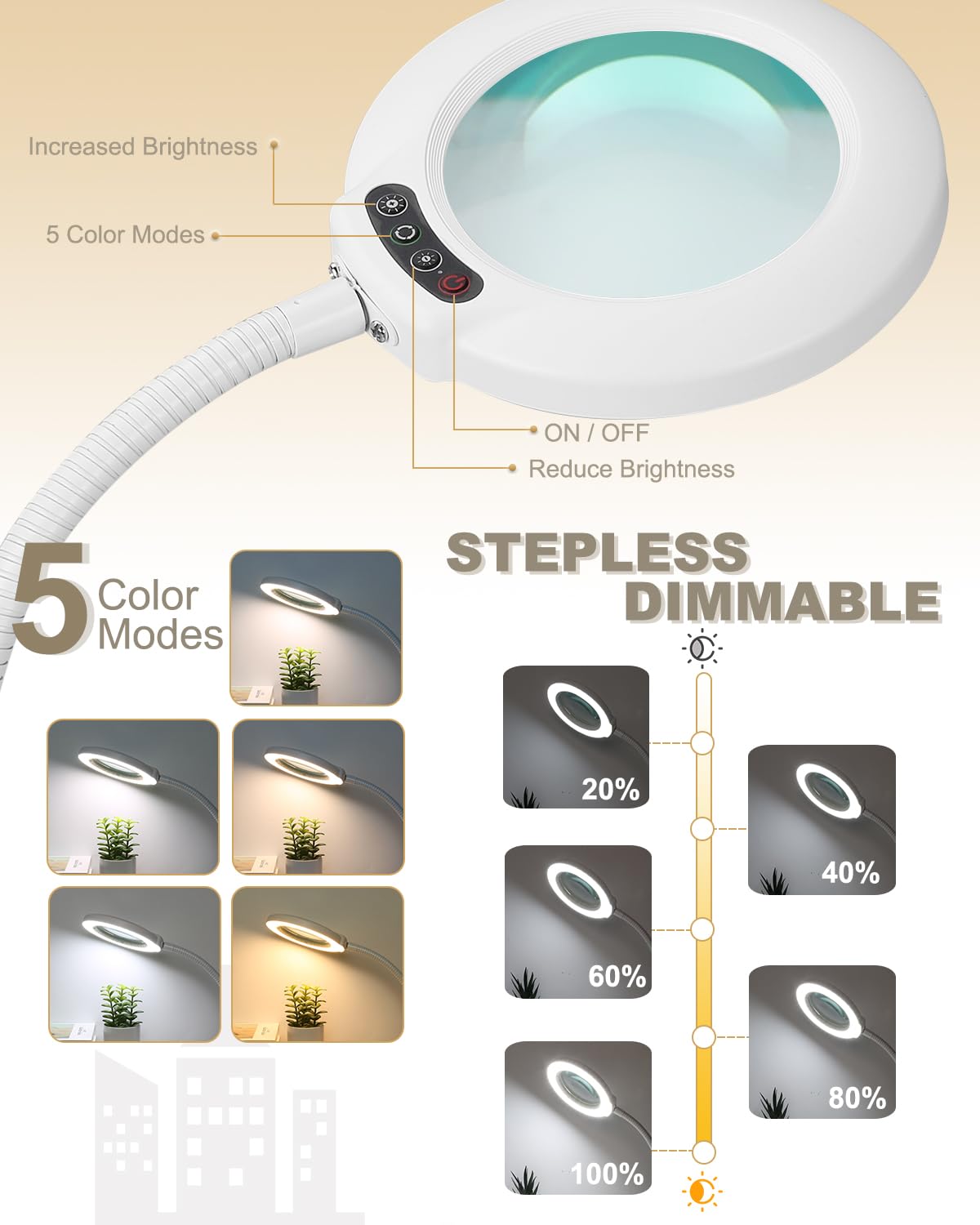 Veemagni 12X Magnifying Glass with Light - LED, Flexible Goose-Neck, 5 Color Modes, White, Model GNW02