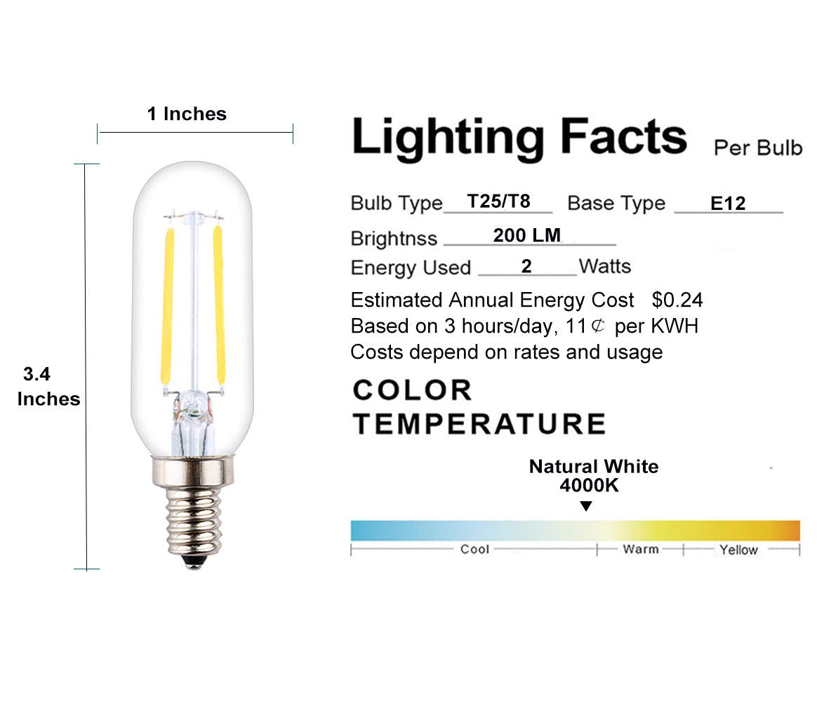 Opalray 2W Dimmable Led Mini Tube Bulb, 4000K Natural White, E12 Base,
