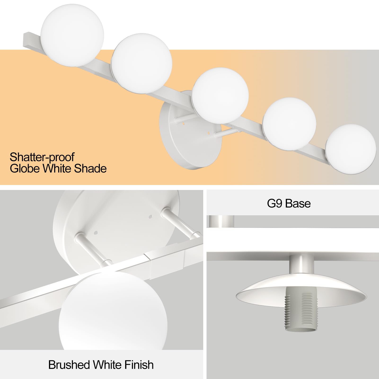 Lightdot 5-Light Bathroom Vanity Light, Modern White with Globe PC Lampshade, Rust-Proof, 31in Over Mirror Fixture