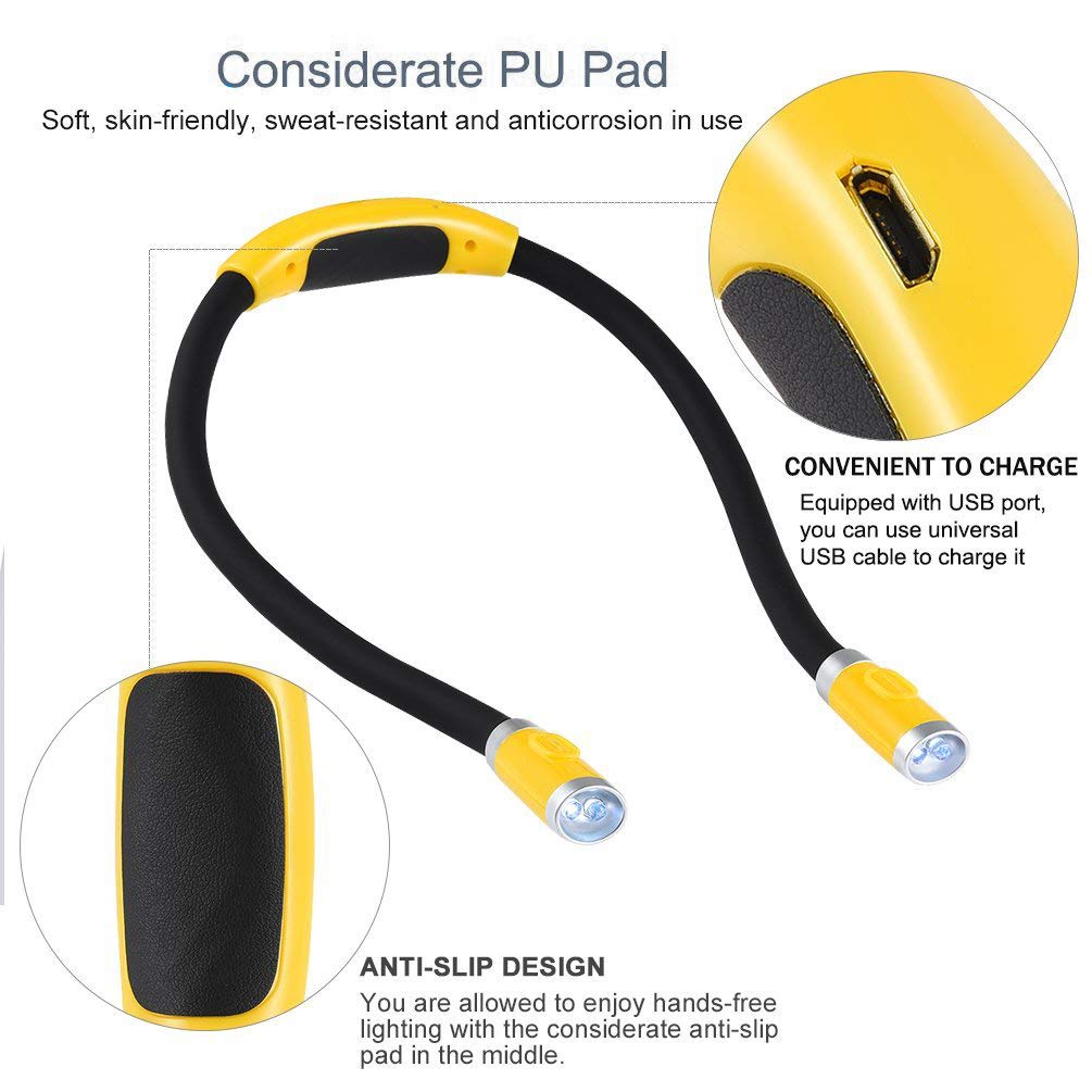 Betensh Rechargeable 4 LED Book Light, Flexible Rubber Arms, 3 Brightness Levels, Yellow, Model BTS-920-Li-Yellow
