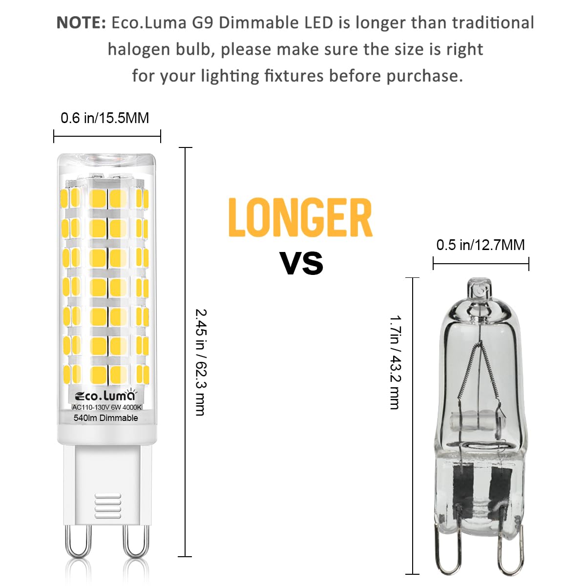 Eco.Luma G9 LED Bulb, 6W, 540 Lumens, 4000K Natural White, Dimmable, Ceramic, 6 Pack, G9 Bi-Pin Base
