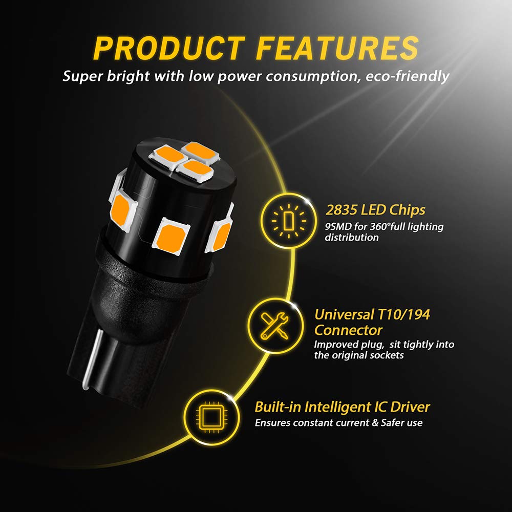 AUXLIGHT T10 LED Bulbs Amber Yellow, Super Bright Replacement for Dome Map Door Lights, Model B082NN8GHW, Pack of 12