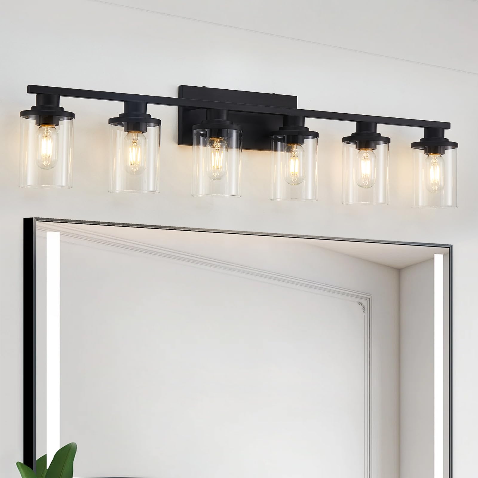 stambord Matte Black Bathroom Vanity Light, 6 Light Fixtures, Clear Glass & Metal Base, Model B70