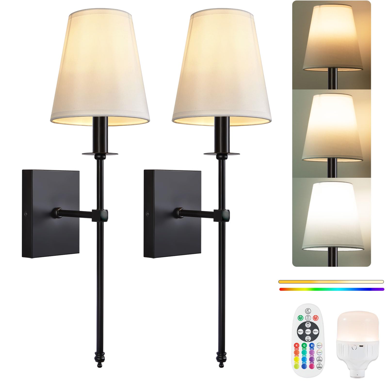 Passica Decor Battery Operated Wall Sconces Set Of Two, Rechargeable Wall Lights With 5200Mah Dimmable Detachable Bulbs, 15 Colors And Remote Control, Wireless Sconces For Bedroom, Living Room