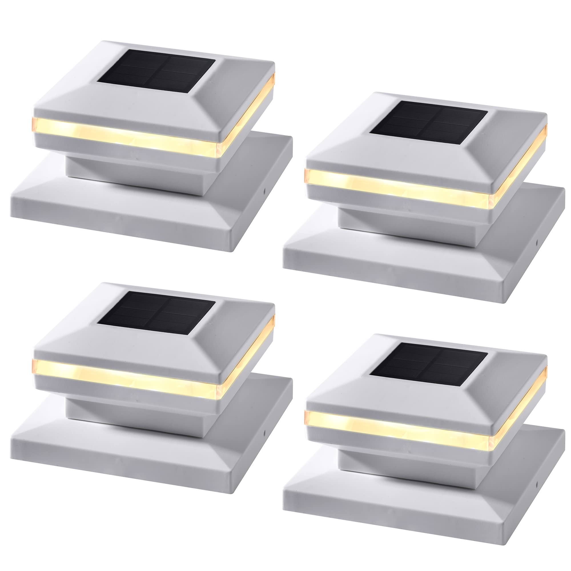 Dynaming 4 Pack Solar Post Lights, Outdoor Decorative Post Cap Light, Solar Powered White Shell Caps, Brightness Warm White LED 