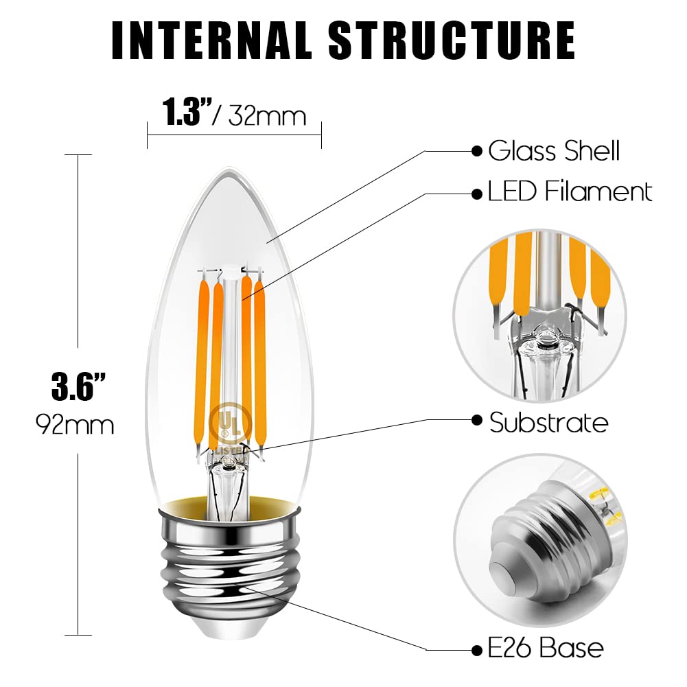 Emotionlite Led Light Bulbs, Dimmable Candelabra Bulbs, E26 Base, Warm White, Chandelier Light, Ceiling Fan Bulb, 40W Equivalent, 4W, 2700K, 350Lm, Ul Listed, 12 Pack