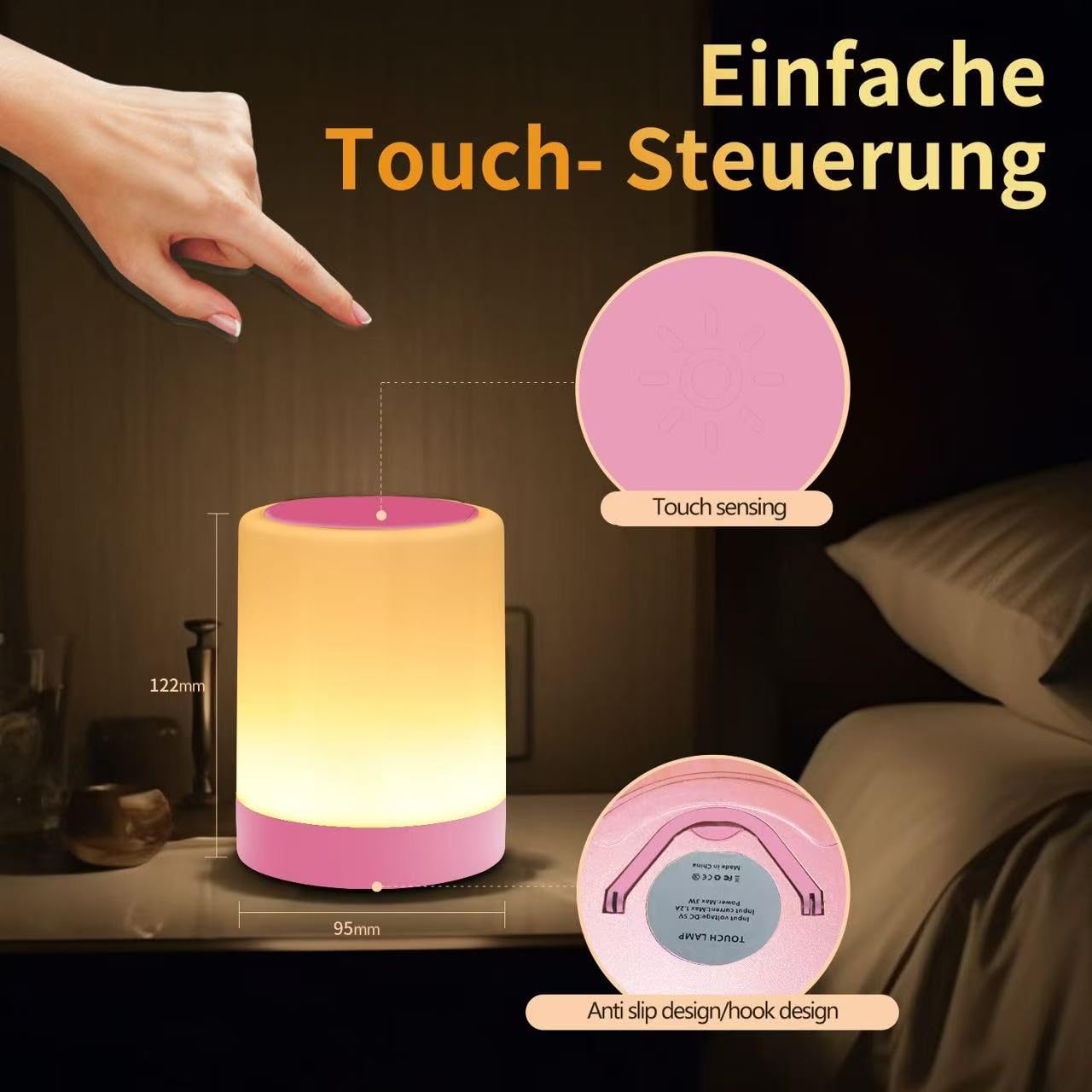 Oorun Touch Bedside Table Lamp - 13 Rgb Colors, 5 Brightness Levels, Usb Rechargeable, 3.74D X 4.8H, Pink, Model F8