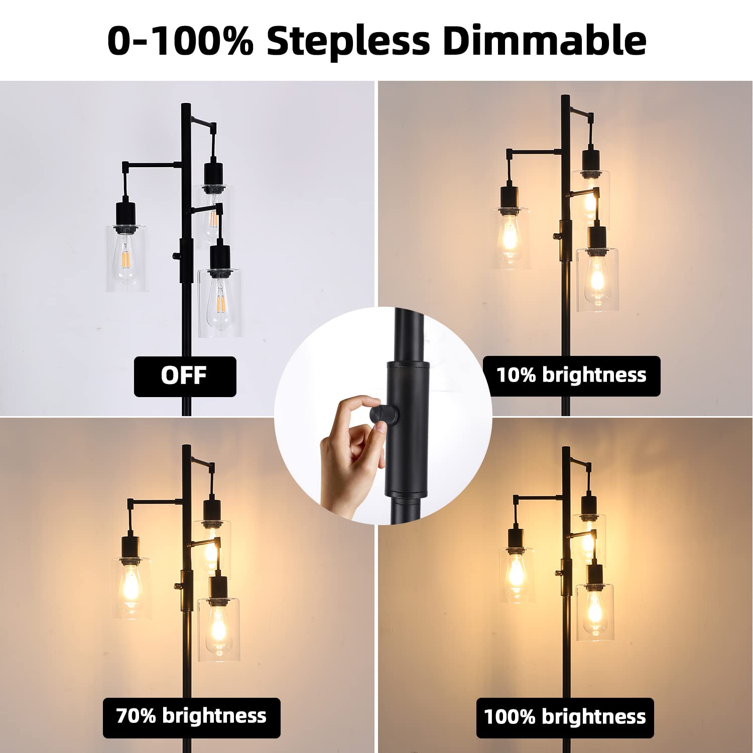 Liylan Industrial Tree Floor Lamp - Black, Dimmable Farmhouse Standing Lamp With Clear Glass Shade