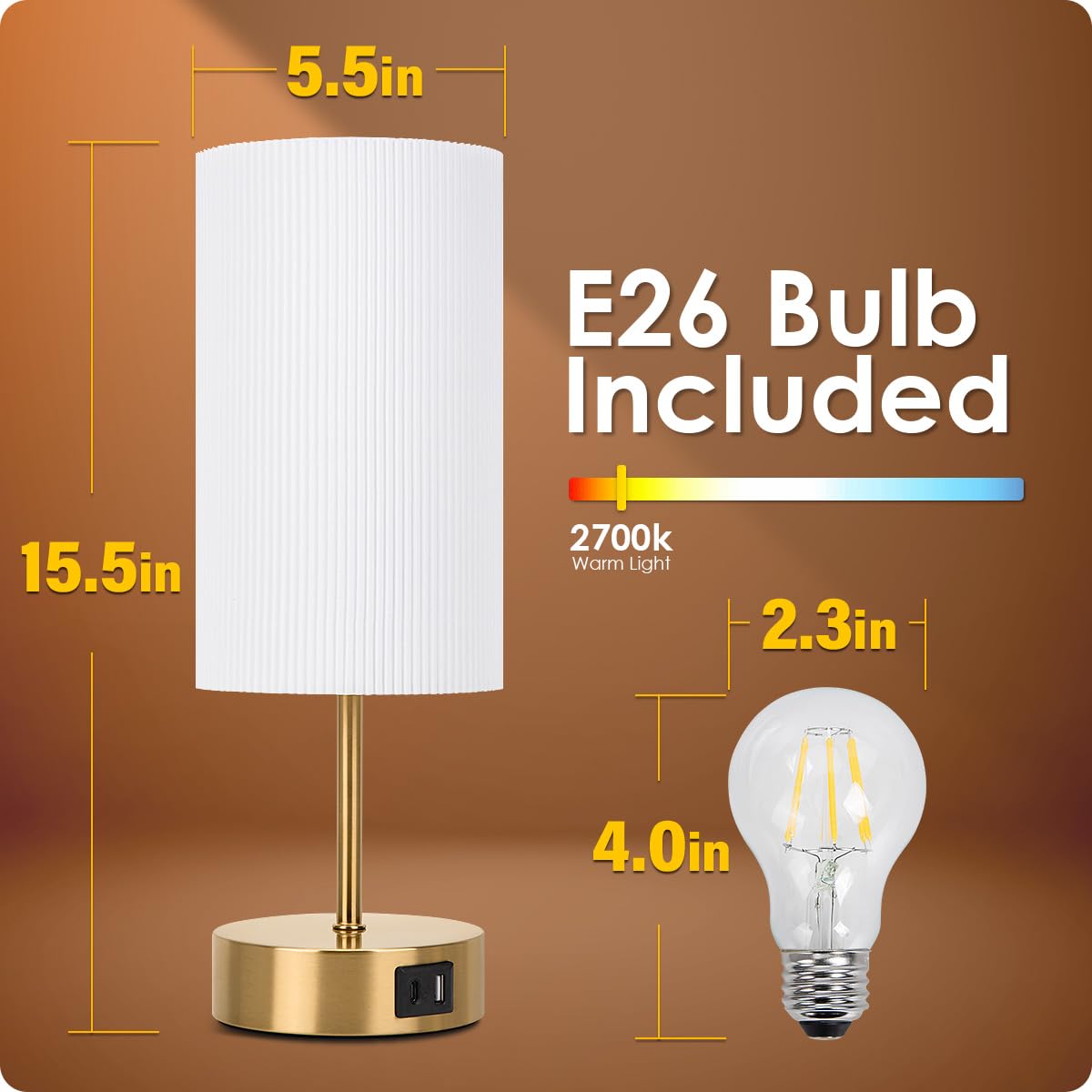 Bedside Lamp With Usb Port - Touch Control Table Lamp For Bedroom Wood 3 Way Dimmable Nightstand Lamp With Round Pleated Shade For Living Room, Dorm, Home Office (Led Bulb Included) (Pleated)